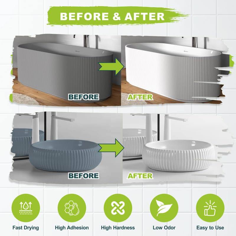 Tenee Tub and Tile Refinishing Kit, Bathtub Refinishing Kit White with Tools, Tub and Tile Reglazing, Water Based & Odorless Tub Coating, DIY Tile