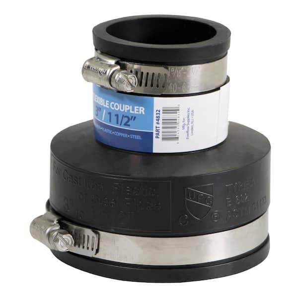 The Plumber's Choice 3 in. x 1-1/2 in. PVC Flexible Reducing Coupling with Stainless Steel Clamps, Black