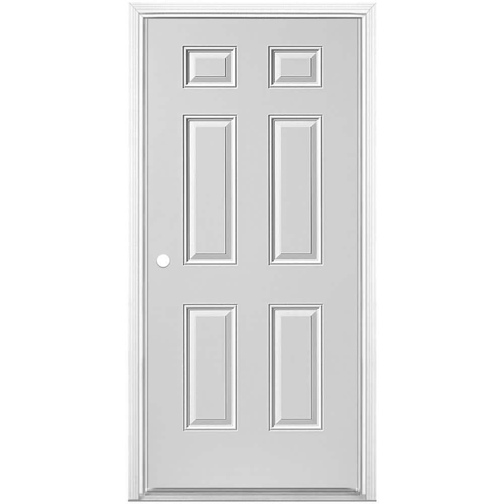 Masonite 36 in. x 80 in. Utility 6-Panel Right-Hand Inswing Primed Steel Prehung Front Exterior Door with Brickmold, Paintable Primed Gray