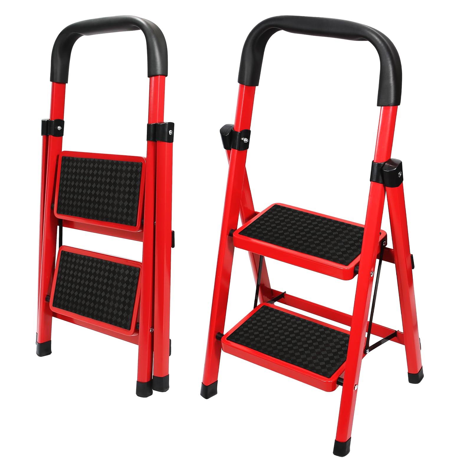 2 Step Ladder,Folding Step Stool with Handgrip and Anti-Slip Wide Pedal,Lightweight and Sturdy,Ideal for Home Kitchen Office Use. (Red-2 step)