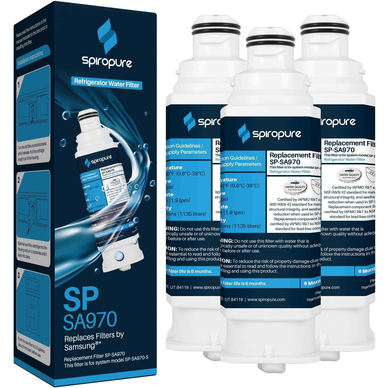 SpiroPure SP-SA970 NSF Certified Refrigerator Water Filter Replacement HAF-QIN, Da97-17376b, HAF-QIN/EXP, DA97-08006C, AQF-DA97-17376B, DA97-08007C,