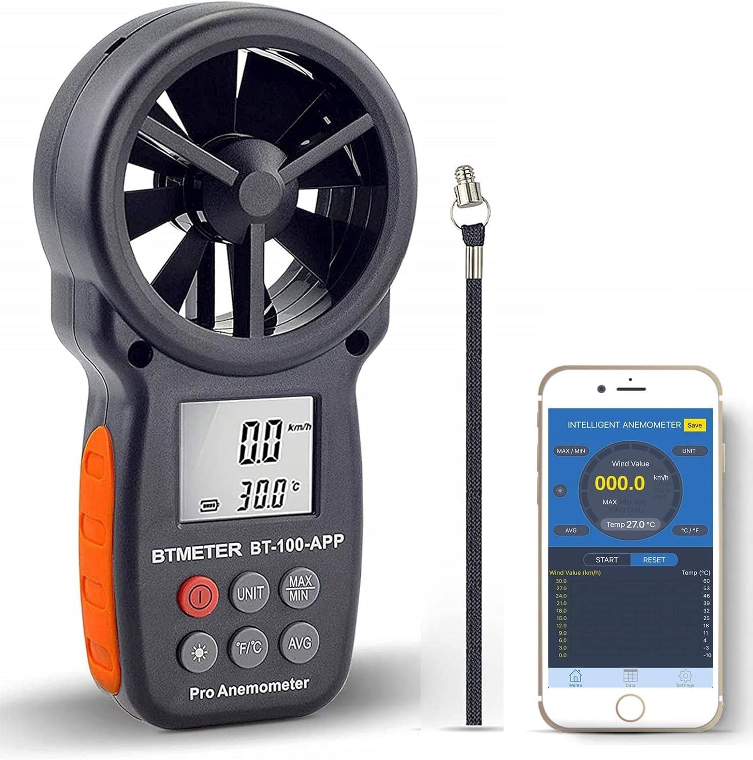 BTMETER BT-100APP Anemometer w/Wireless Bluetooth, Digital Handheld Wind Speed Meter for Wind Chill, Air Velocity, Temperatur