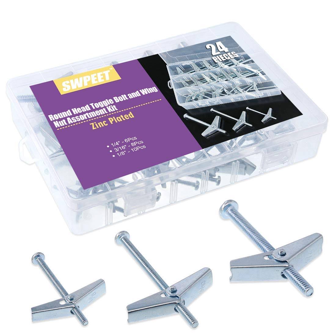 Swpeet Assorted 24 Pcs Toggle Bolt and Wing Nut Kit for Hanging Heavy Items on Drywall- 1/8 inch 3/16inch 1/4Inch