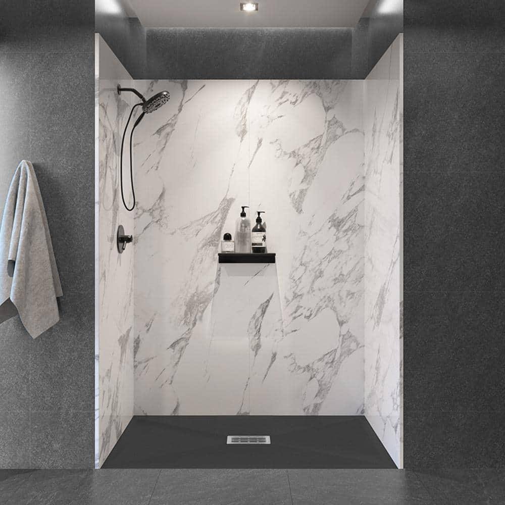 60 in. L x 32 in. W x 84 in. H Solid Composite Stone Shower Kit with Carrara Walls & Cntr Graphite Slate Shower Pan Base