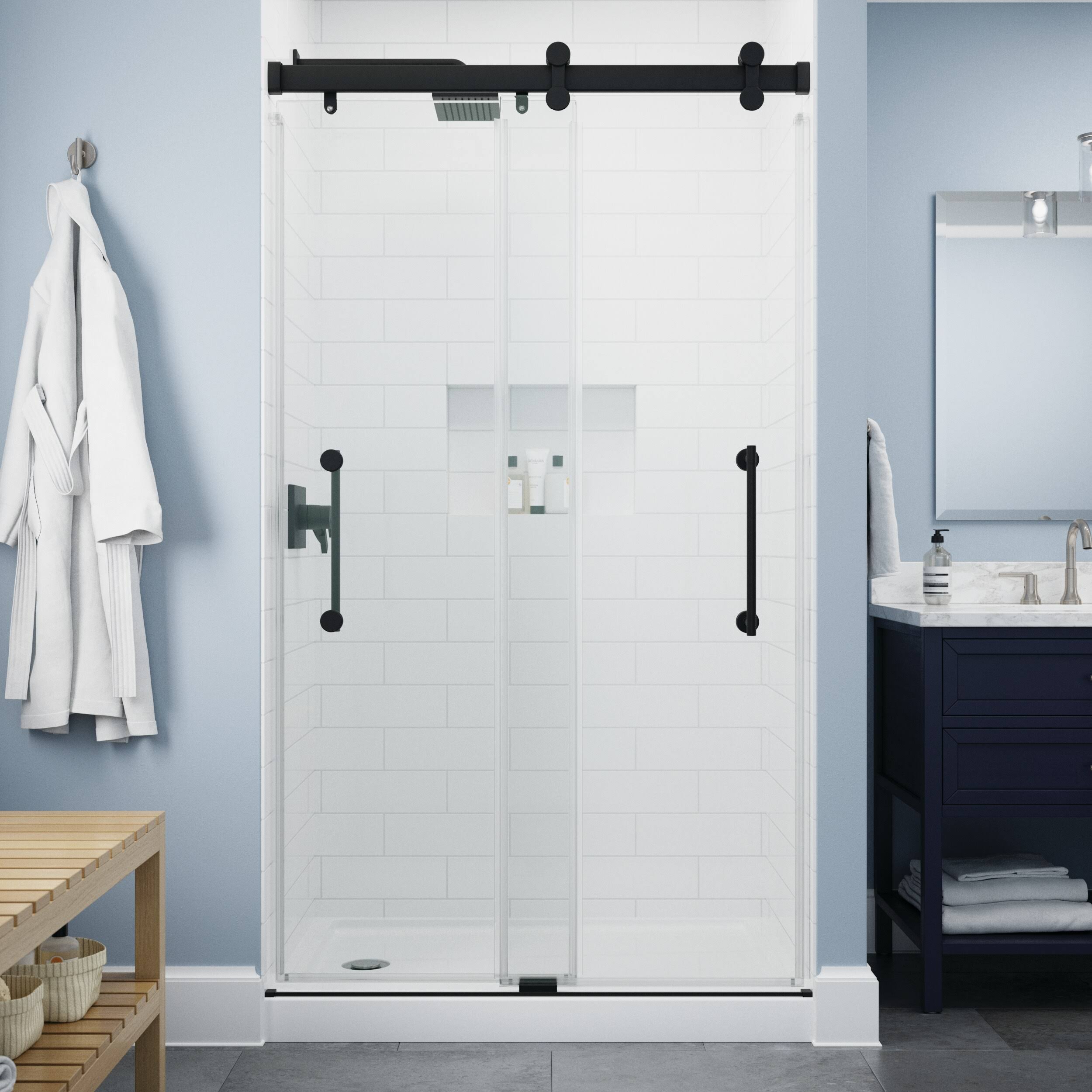 Delta Paxos 48 in. W x 76 in. H Sliding Frameless Shower Door in Matte Black with 5/17 in. 8 mm Clear Glass