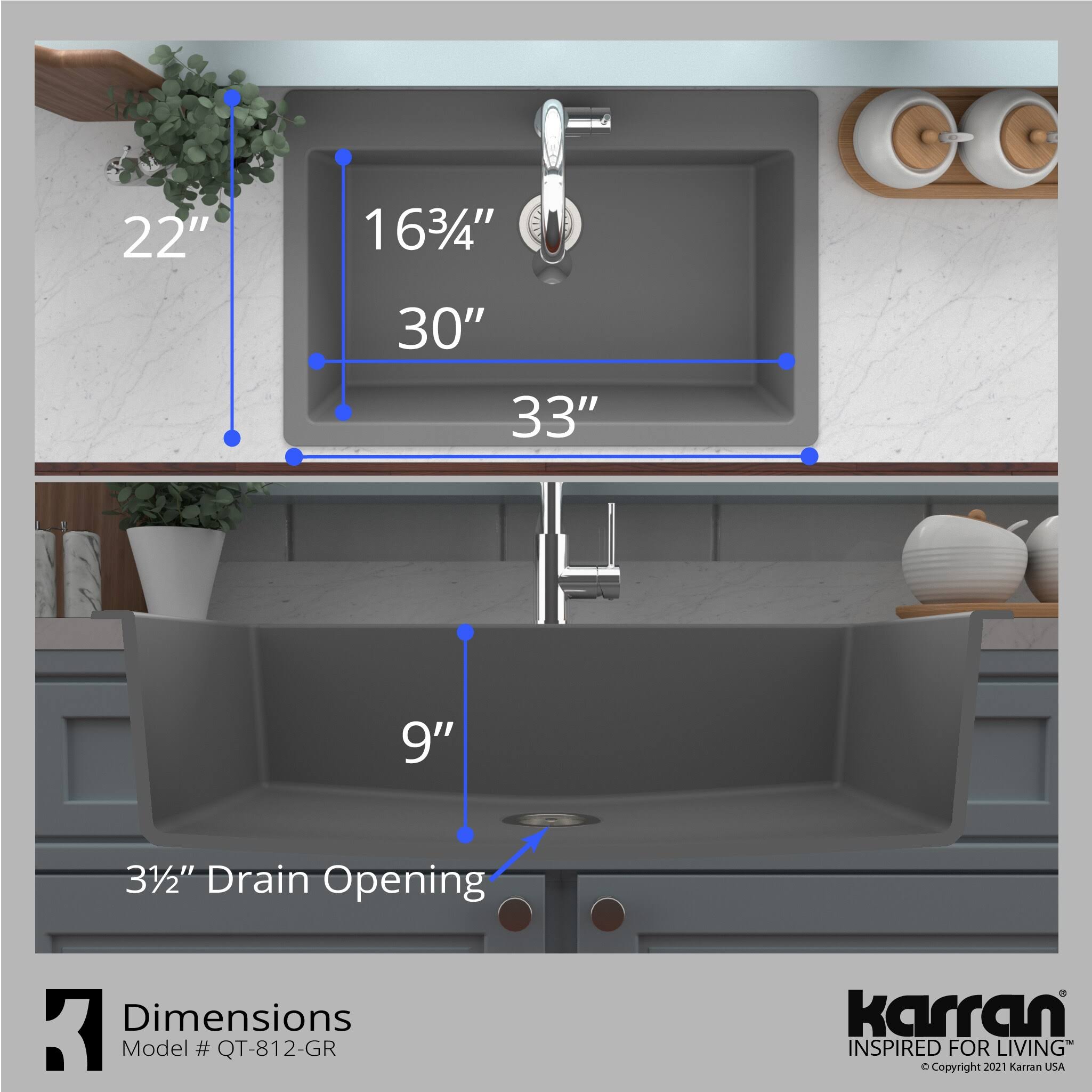 Karran QT-812 Quartz 33 in. Large Single Bowl Drop-In Kitchen Sink in Grey