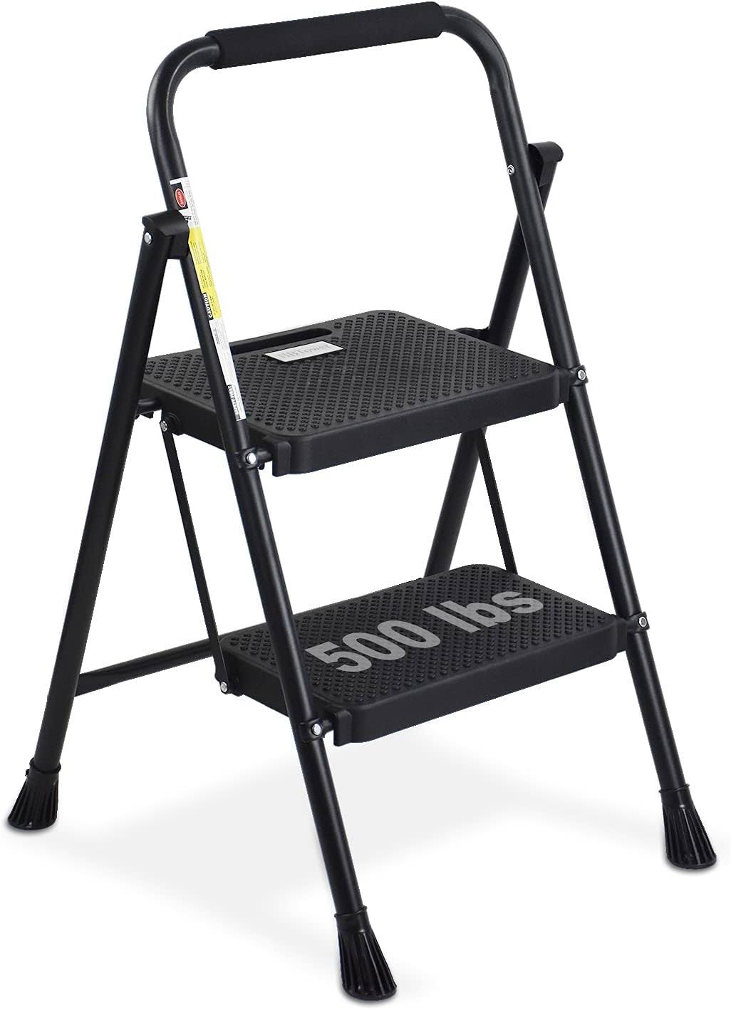 HBTower 2 Step Ladder, Folding Step Stool with Wide Anti-Slip Pedal, Sturdy Steel Ladder, Convenient Handgrip, Lightweight 500lb