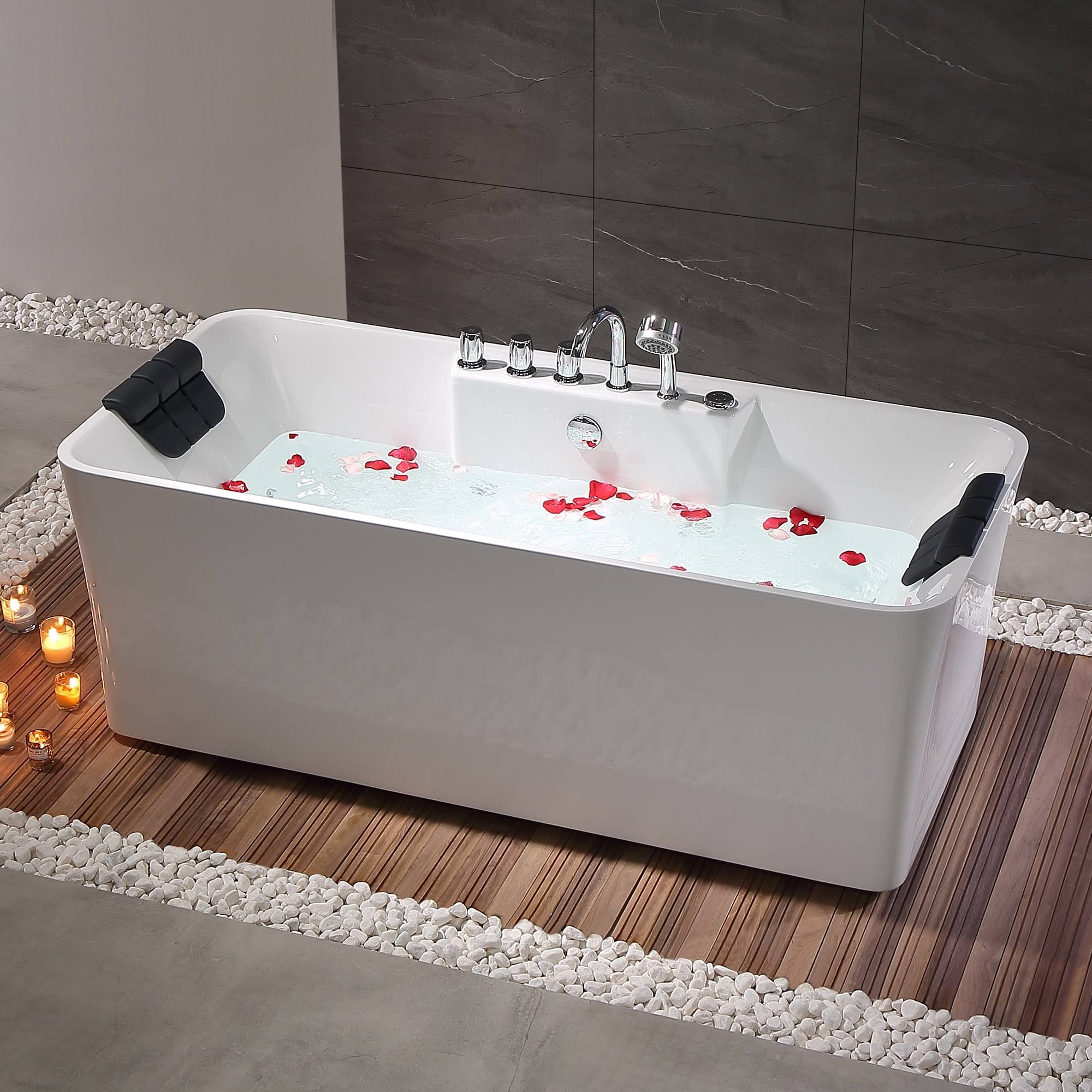 Empava 59 in. Center Drain Acrylic Freestanding Flatbottom Whirlpool Bathtub in White with Faucet- Water Jets