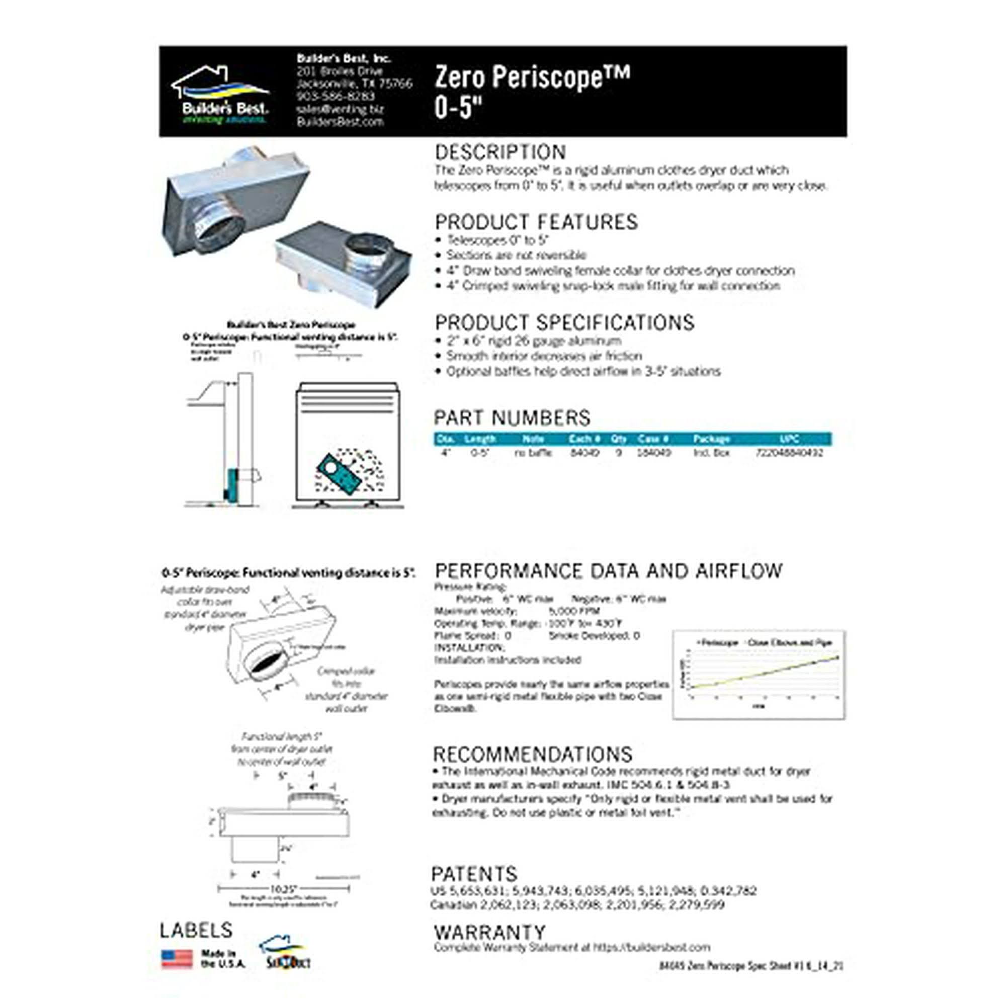 Builder's Best 84049 Saf-T-Duct Zero Dryer Vent Periscope, Adjustable 0-5