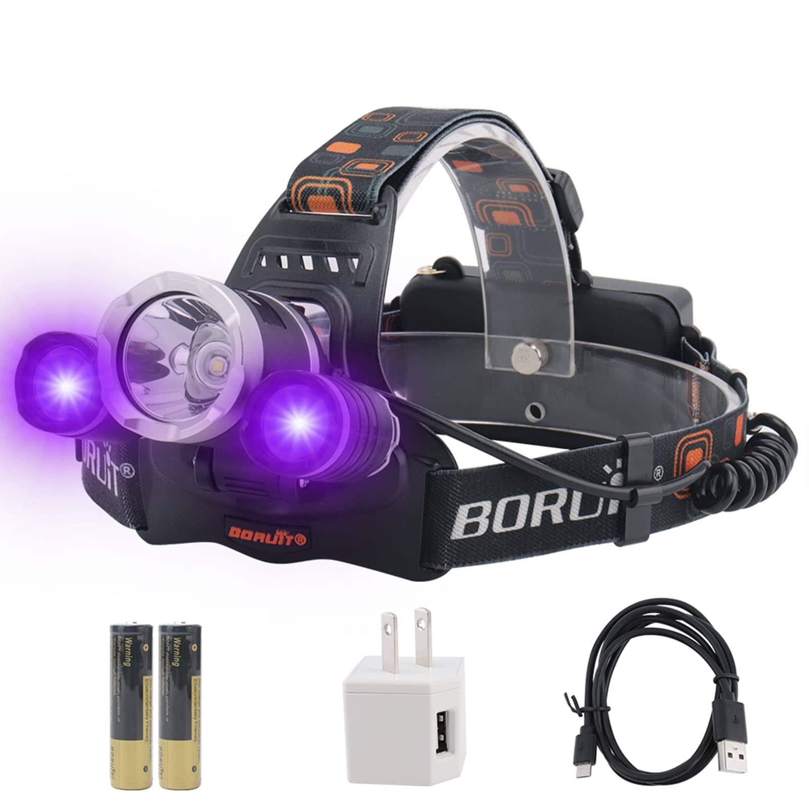 BORUiT RJ-3000 LED Black Light Headlamp,3 Modes White and UV Light Headlamp,5000 Lumens Rechargeable Blacklight Headlight Head L