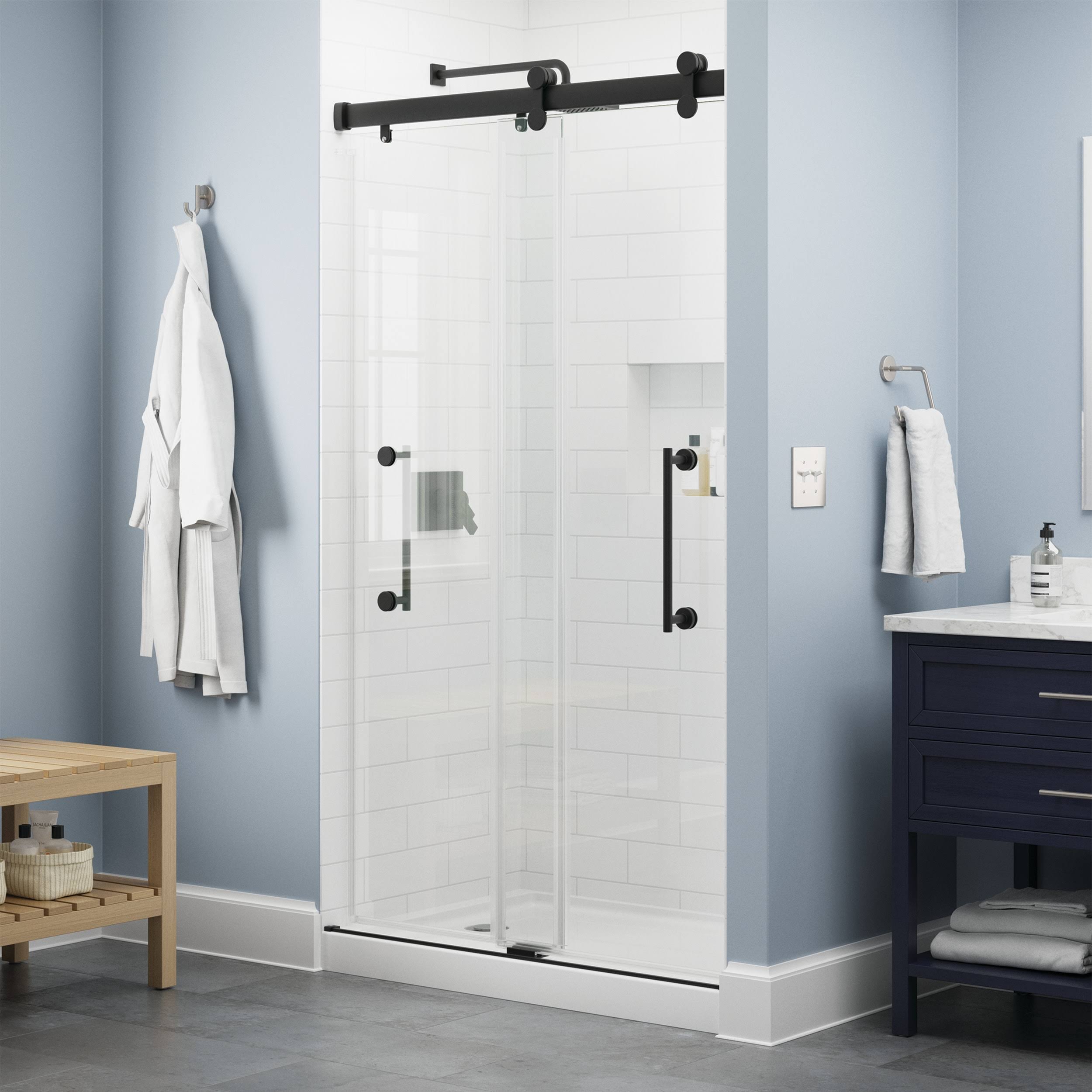 Delta Paxos 48 in. W x 76 in. H Sliding Frameless Shower Door in Matte Black with 5/17 in. 8 mm Clear Glass