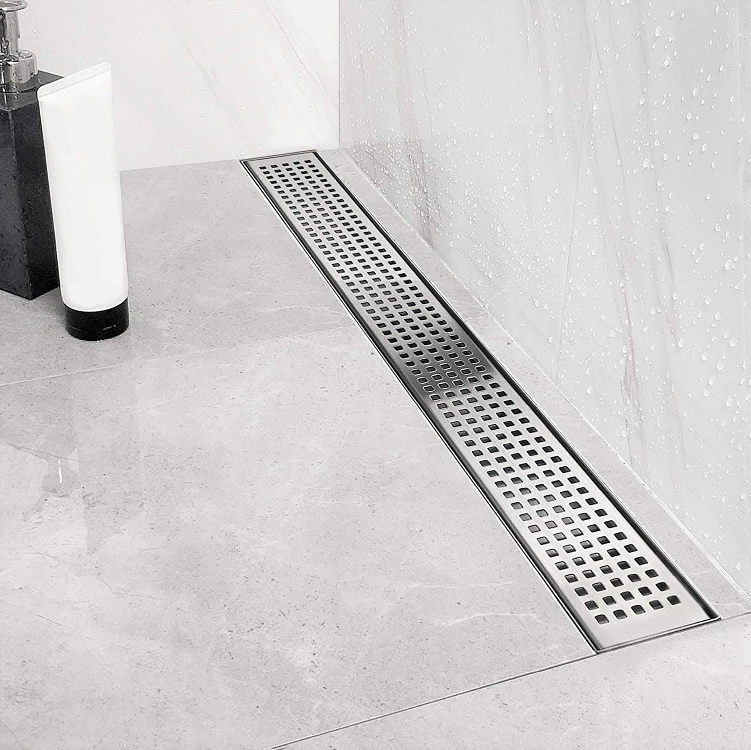 Neodrain 32-Inch Linear Shower Drain with Removable Quadrato Pattern Grate, Brushed 304 Stainless Steel Rectangle Shower Floor D