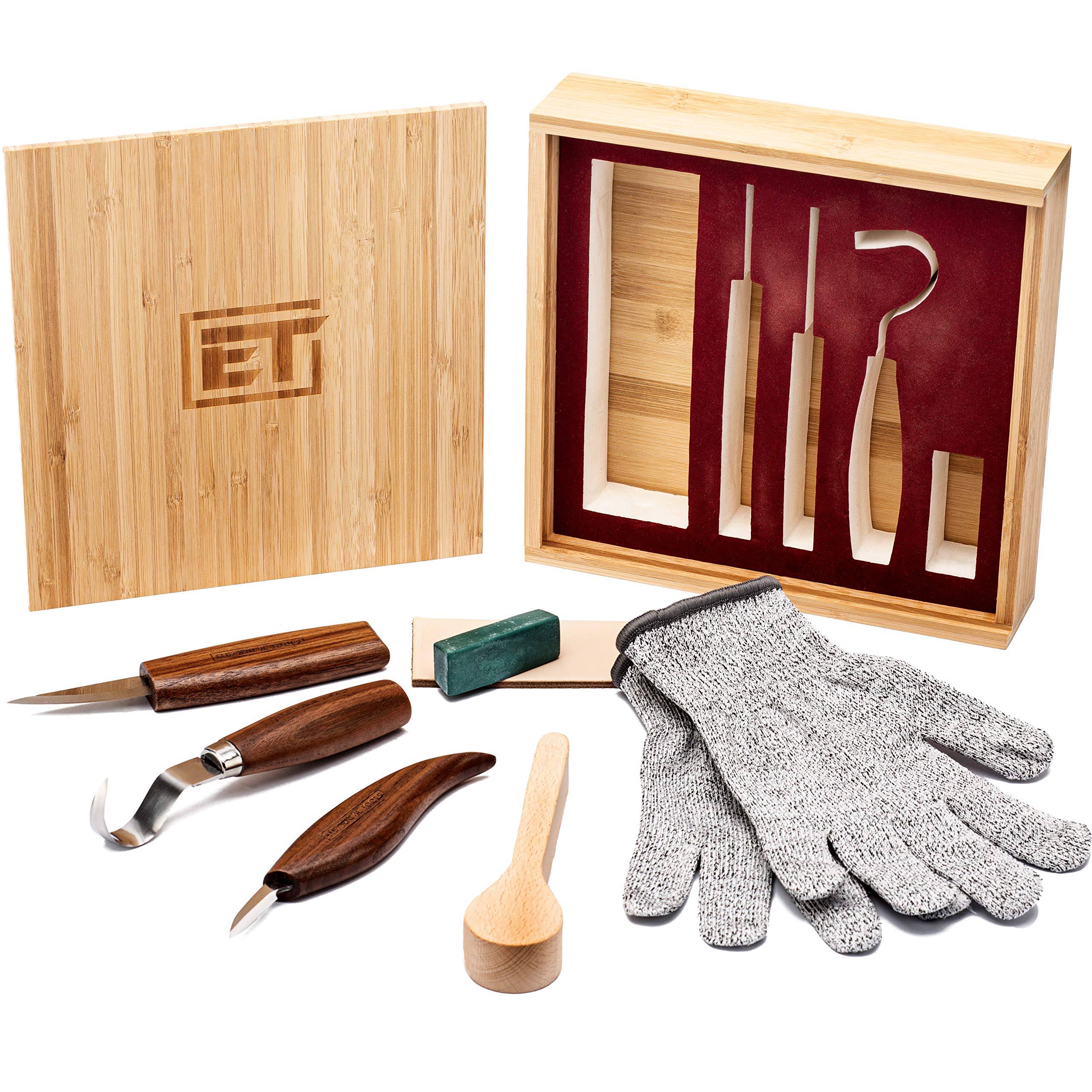 Elemental Tools 9pc Wood Carving Tools Set- Hook Carving Knife, Whittling Knife, Detail Wood Carving Knife for Spoon, Bowl, Kuksa Cup or General