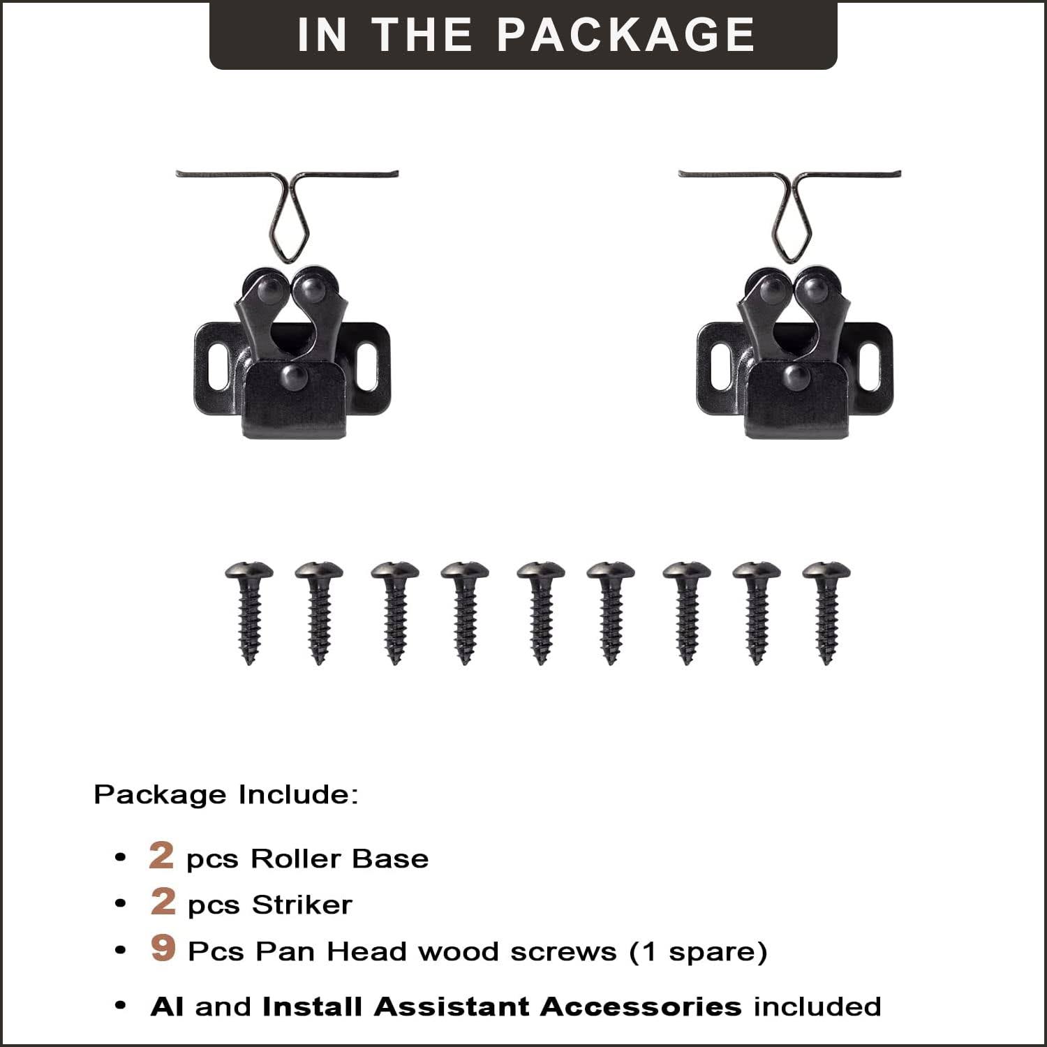 Keenkee 2 Pcs Cabinet Latch Double Roller Catch Hardware for Cupboard Closet Cabinet Door Latches and Catches, Black Nickel