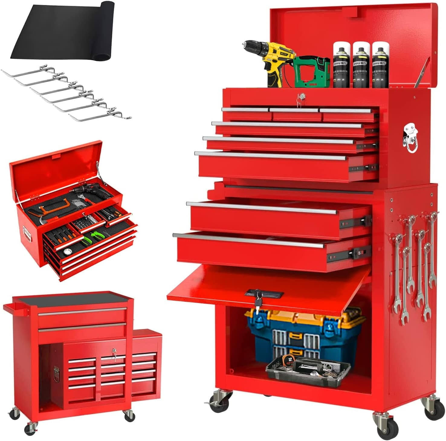 2-in-1 Tool Chest & Cabinet, Large Capacity 8-Drawer Rolling Tool Box