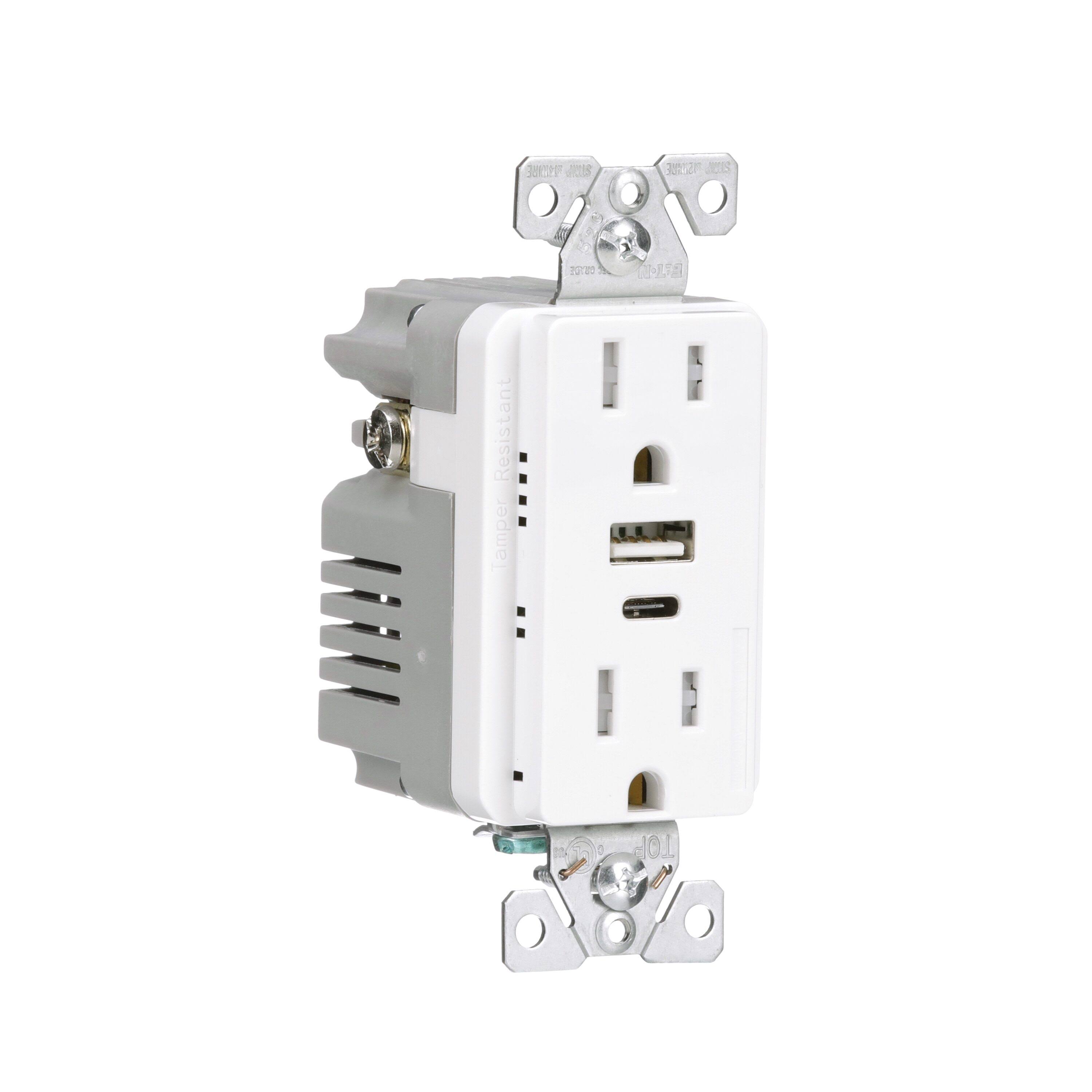Eaton 15-Amp Tamper Resistant Residential/Commercial Decorator USB Outlet, White | TRUSBAC15W-KB-LW