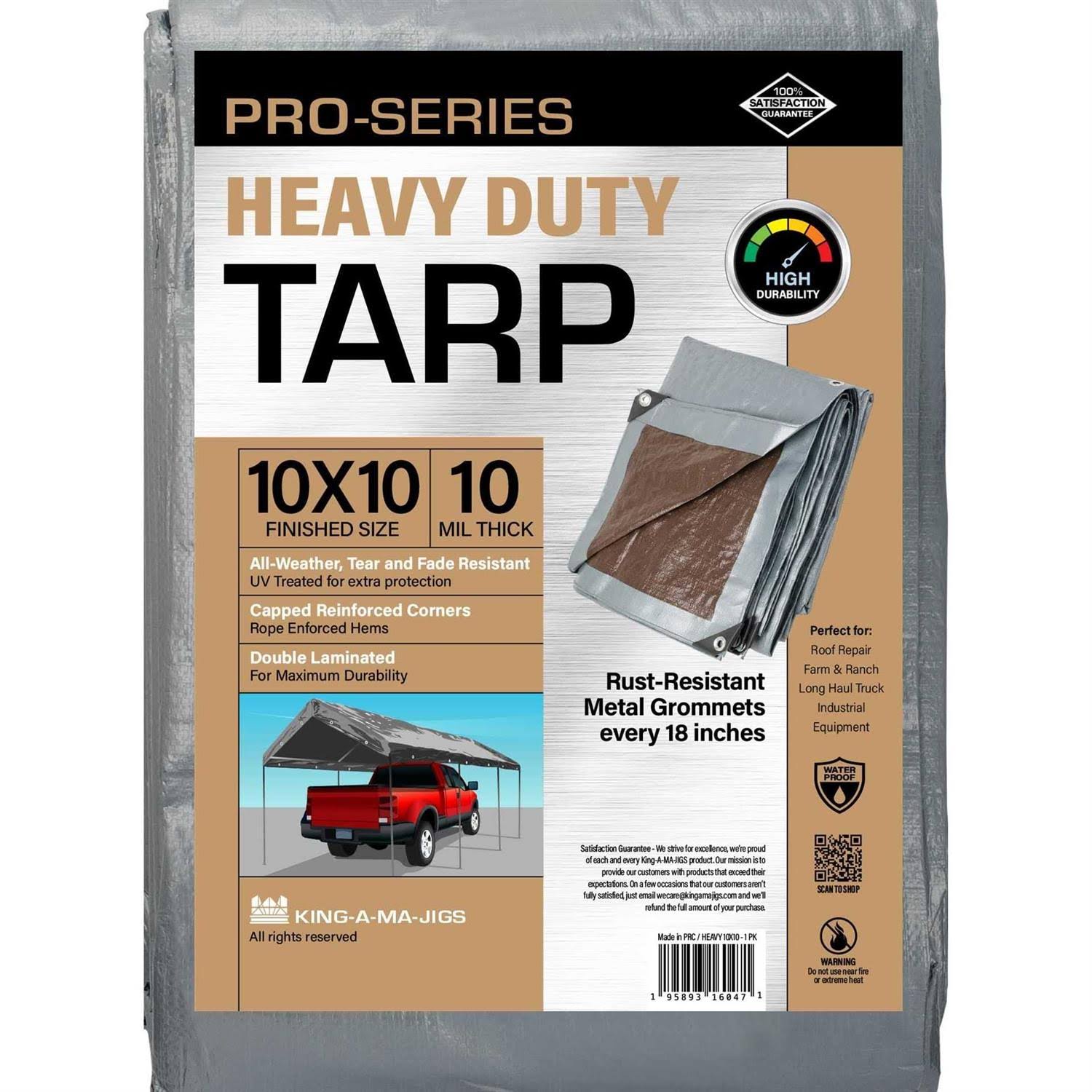 10x10 Heavy Duty Tarp, 10 Mil Thick, High Durability, Tear & Fade Resistant, UV Treated, Grommets Every 18 Inches (10' x '10')