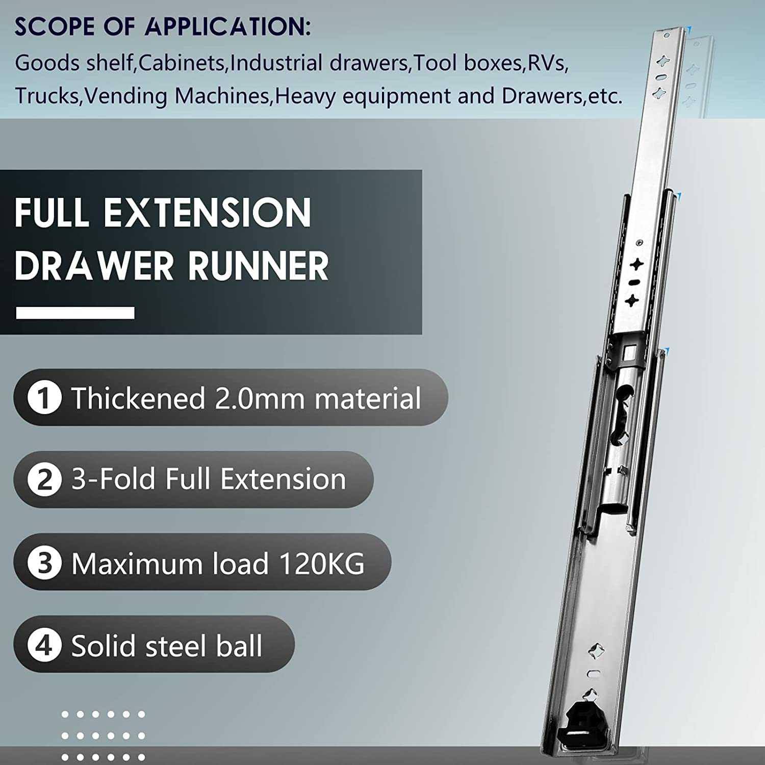 AOLISHENG Heavy Duty Drawer Slides 34 inch 185 lb Load Capacity 3 Section Drawer Slide Rails Side Mount 2pcs, Size: 34/850mm, White