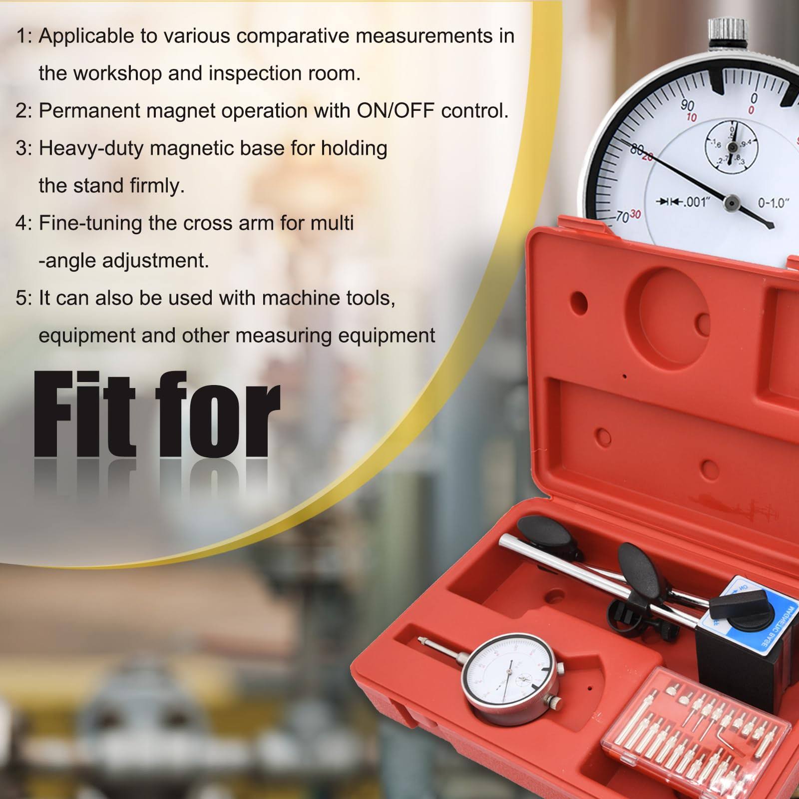 Dial Indicator with Magnetic Base and Point Precision Inspection Set, Long Arm 0-10mm Tester Gage Gauge 0.01mm, by Nakao