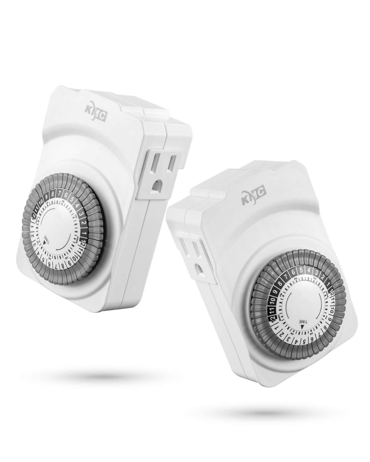 KMC Indoor 24-Hour Mechanical Outlet Timer, 3-Prong Dual Outlet Plug-In Mechanical Timer Grounded, 2-Pack