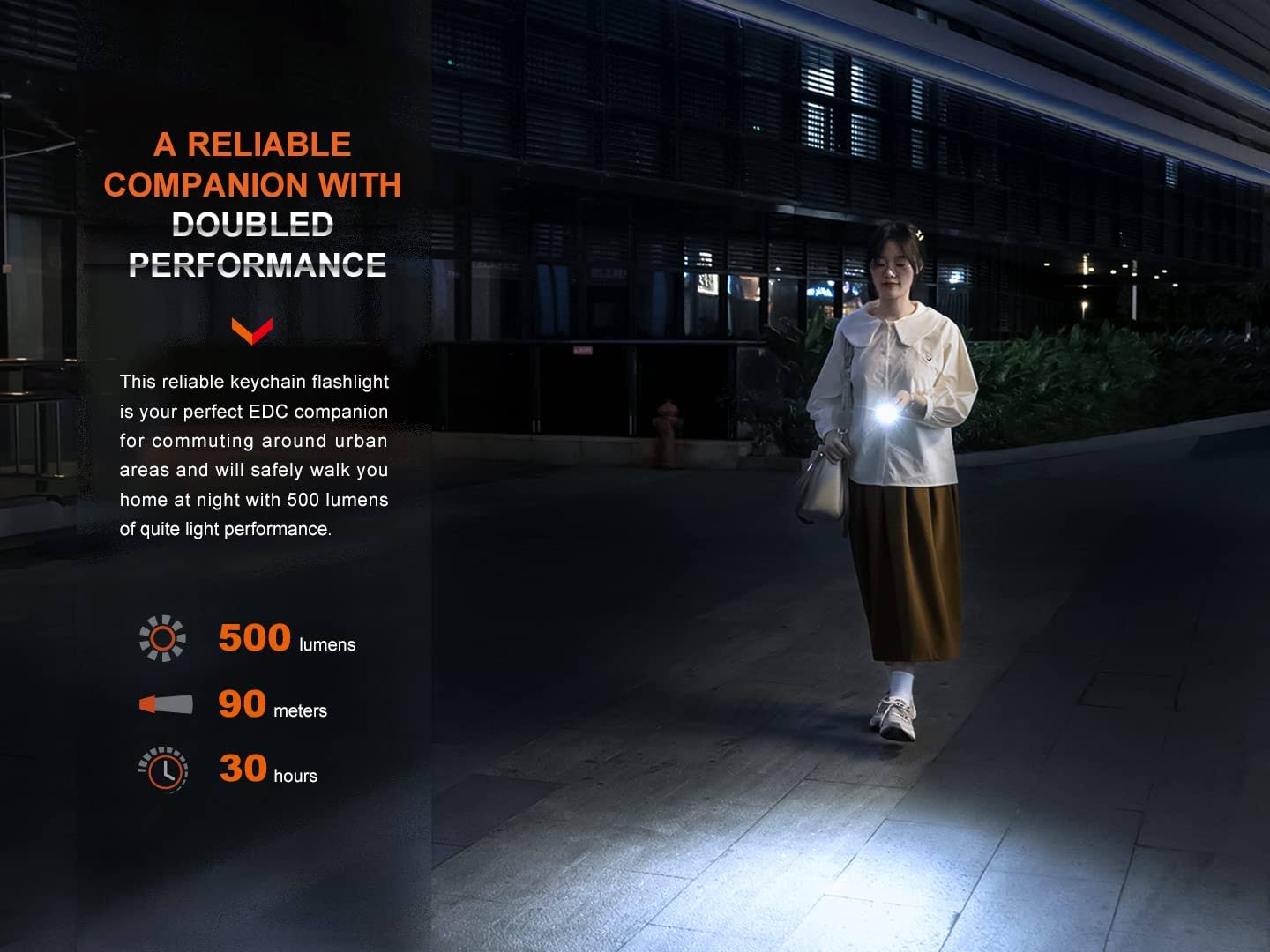 Fenix E03R V2.0 Keychain Flashlight, Grey, 500 Lumen Bright USB-C Rechargeable EDC with Red LED and LumenTac Organizer (Grey)