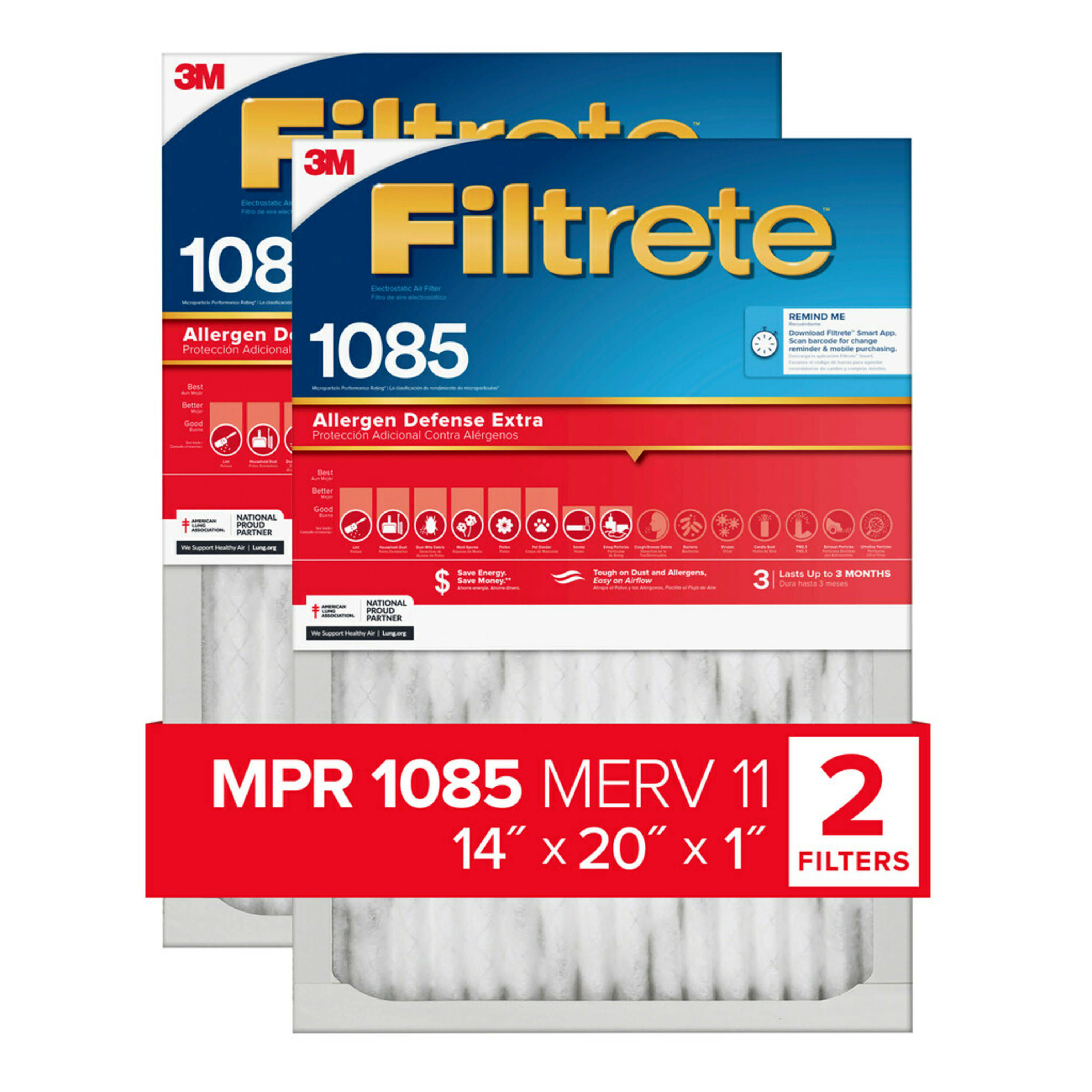 Filtrete 14-in x 20-in x 1-in 1085 MPR Allergen Defense Extra 2-Pack Electrostatic Pleated Air Filter | 1205-2PK