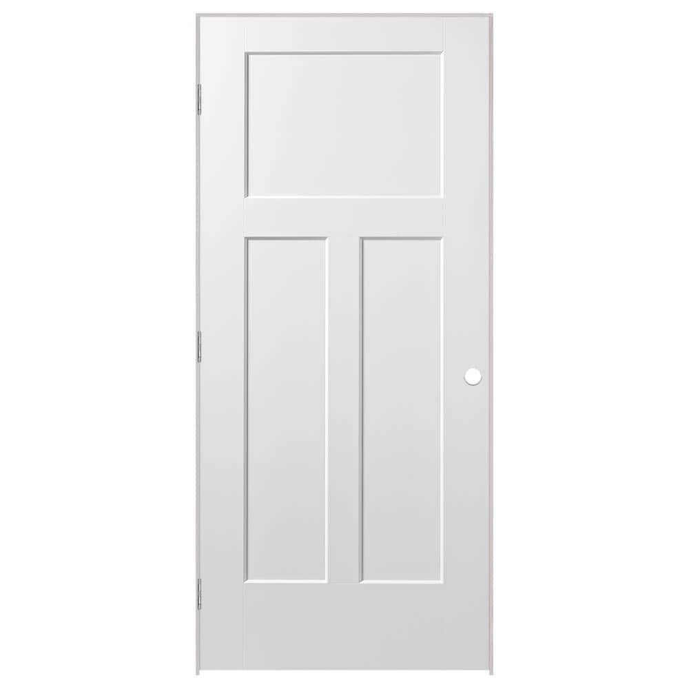 Masonite 36 in. x 80 in. Winslow 3-Panel Right-Handed Solid Core Primed Composite Single Prehung Interior Door, Primed White