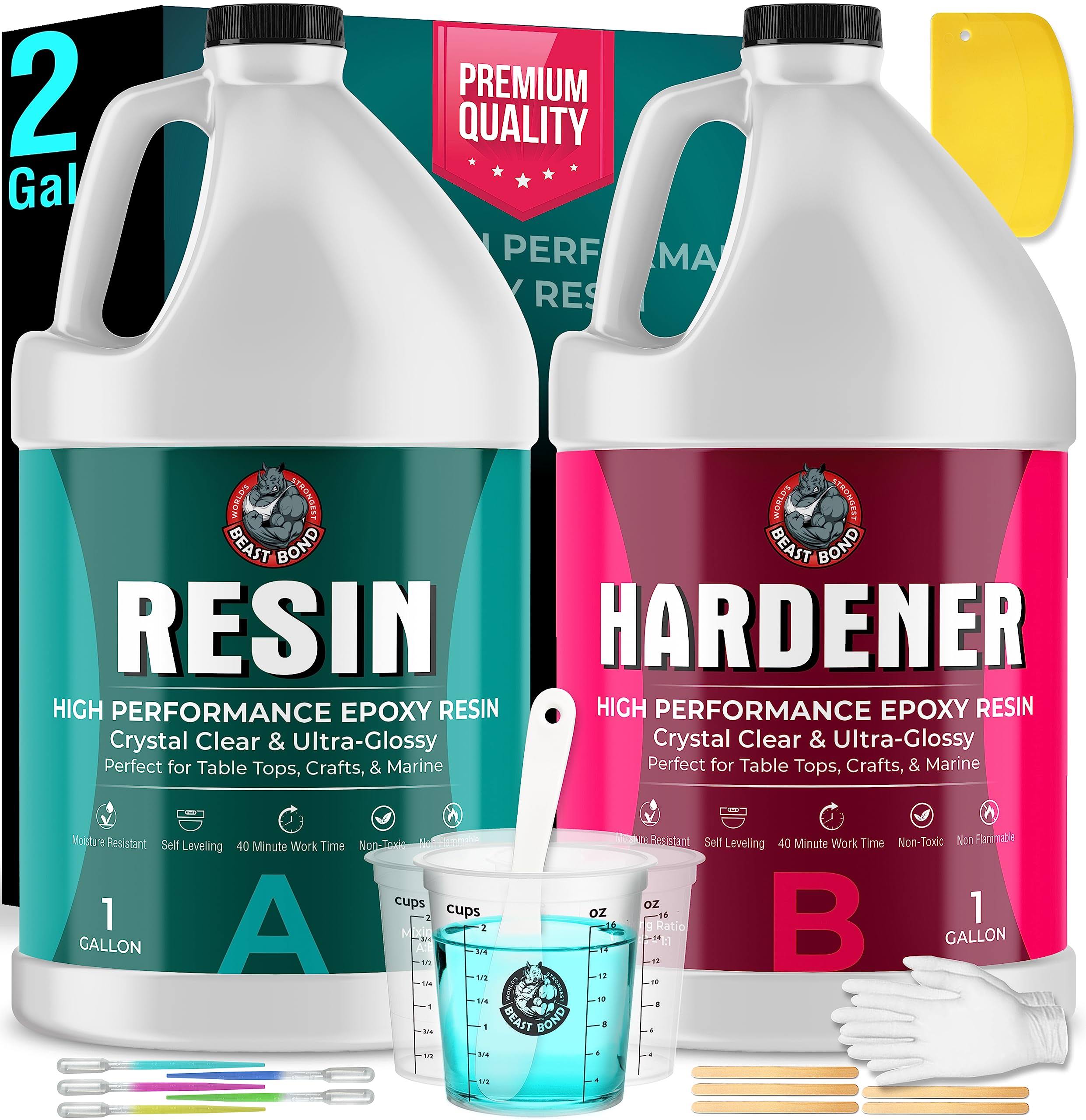 Beast Bond Epoxy Resin 2 Gallon Kit, High-Performance Table Top Epoxy Resin, Self-Leveling, Minimal Bubbles, Clear, Glossy, UV Resistant, Perfect