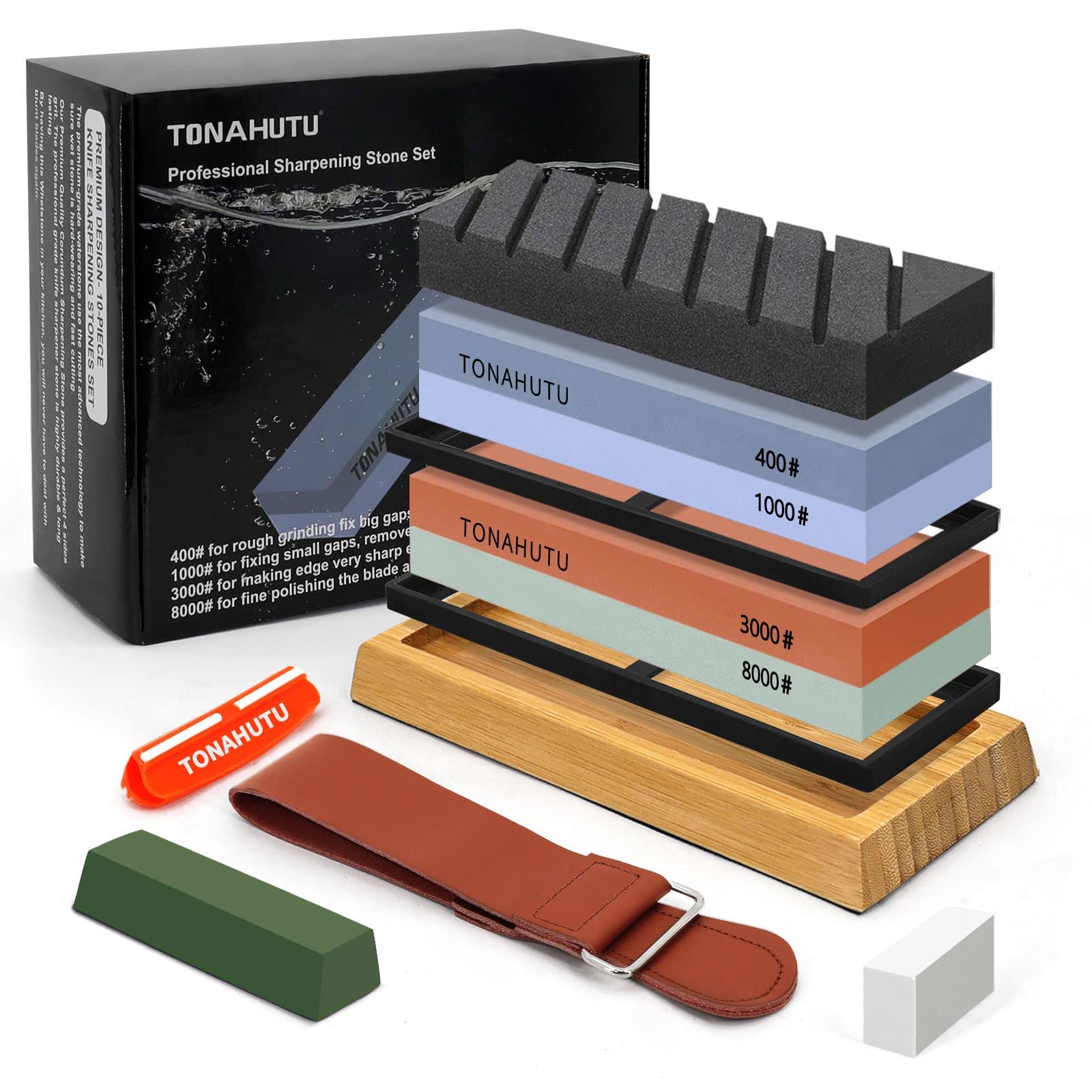 TONAHUTU Knife Sharpening Stone Set, Professional 4 Side Grit 400/1000 3000/8000 Premium Whetstone Knife Sharpener with 150/320 Flattening Stones,