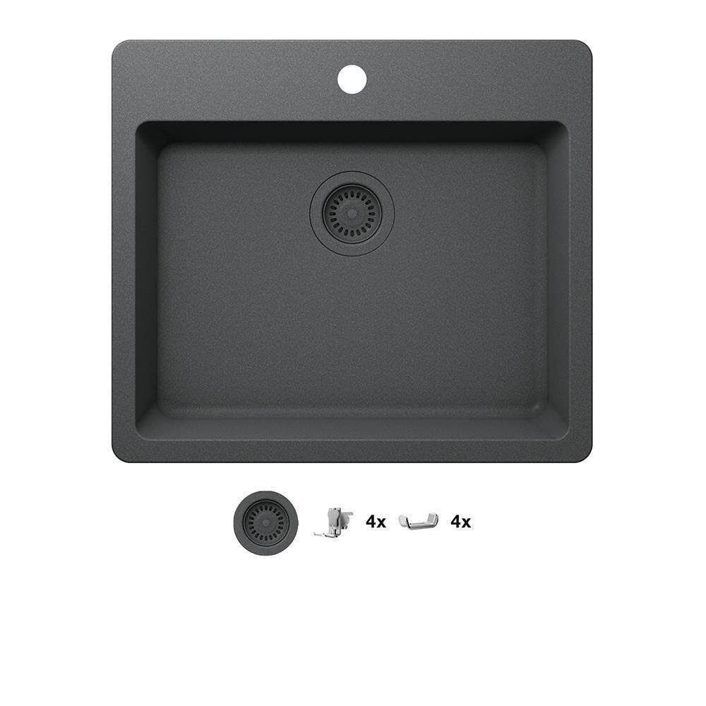 Glacier Bay Stonehaven Drop-In/Undermount Charcoal Gray Granite Composite 25 in Single Bowl Kitchen Sink with Gray Strainer