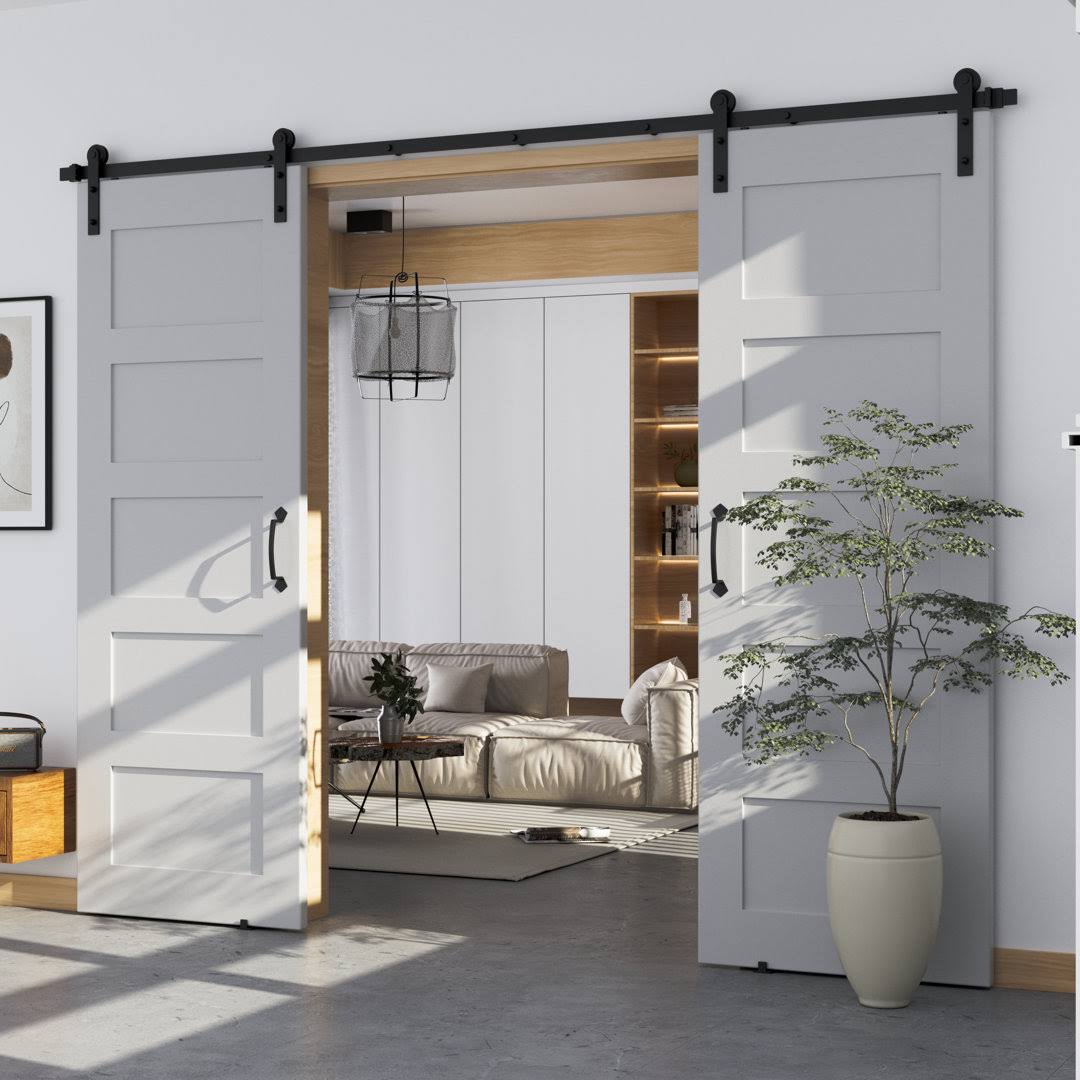 Winsoon 7.5 ft. Frosted Black Strap Sliding Barn Door Track Hardware Kit for Double Wood Doors Non-Routed Floor Guide