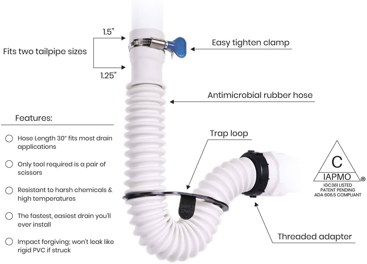 Simple Drain-Flexible Rubber P-Trap, S-Trap Offset Trap, White