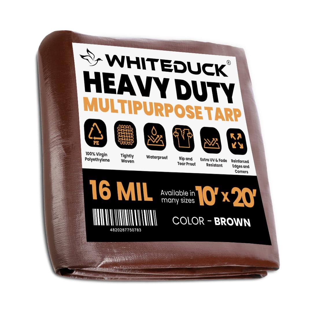 WHITEDUCK Super Heavy Duty Poly Tarp Cover 16 Mil & 10 Mil with Grommets and Reinforced Edges (Brown, White & Silver Black) (Brown- 16 mil, 10' x 20