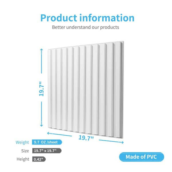 Art3d Slat Fluted Design 1/16 in. x 1-7/16 ft. x 1-3/5 ft. White Square Edge Decorative 3D Wall Paneling (12 Pack) A10hd064