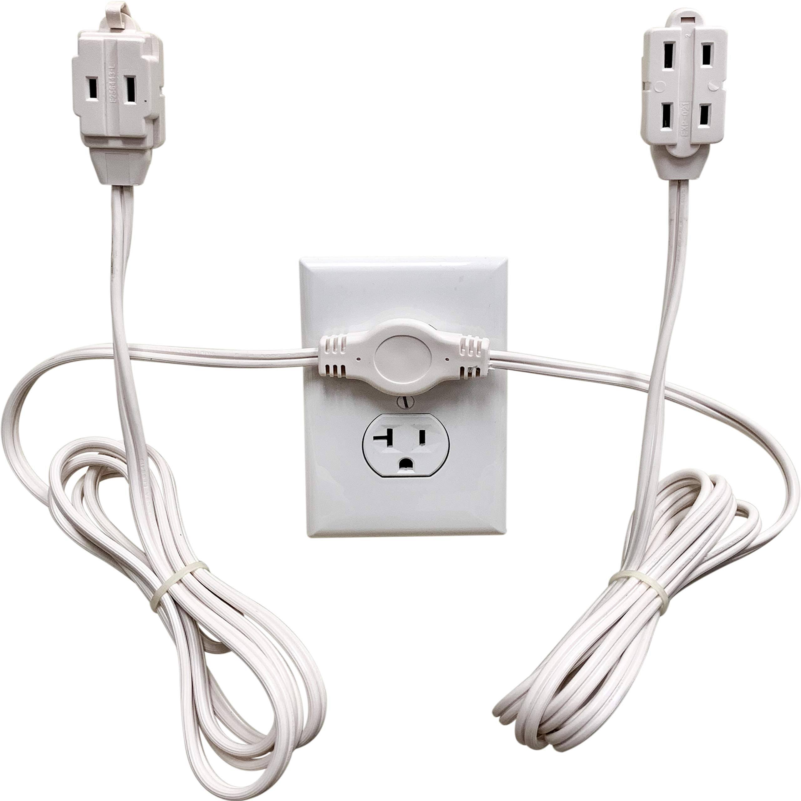 Twin Extension Cord Power Strip- 12 Foot Cord- 6 Feet on Each Side- Flat Head (Wall Hugger) Outlet Plug- 6 Polarized Outlets with Safety Cover