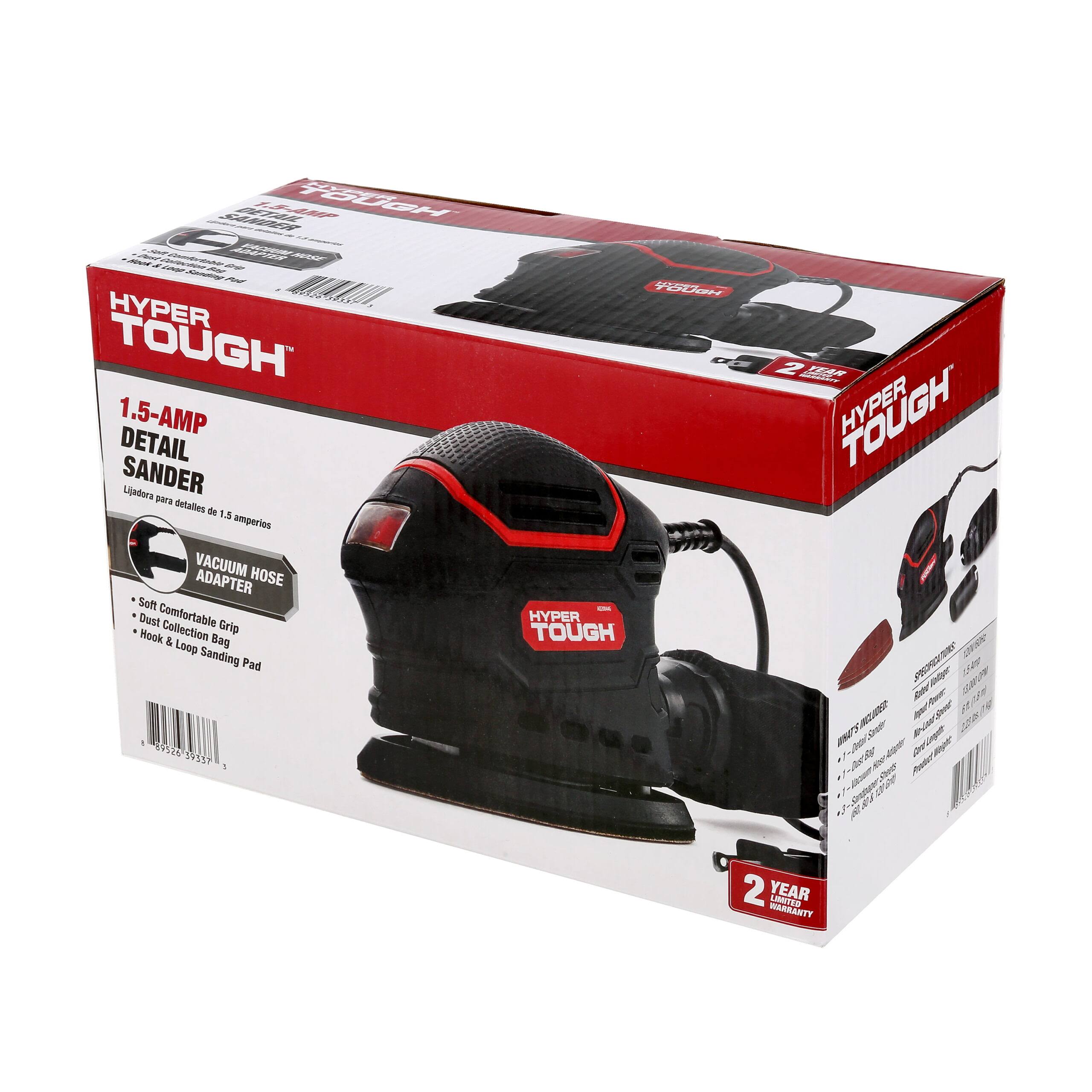 Hyper Tough 1.5 Amp Corded Detail Sander with Dust Bag, Vacuum Hose Adapter & 3 Sanding Sheets (60, 80 & 120 Grit)