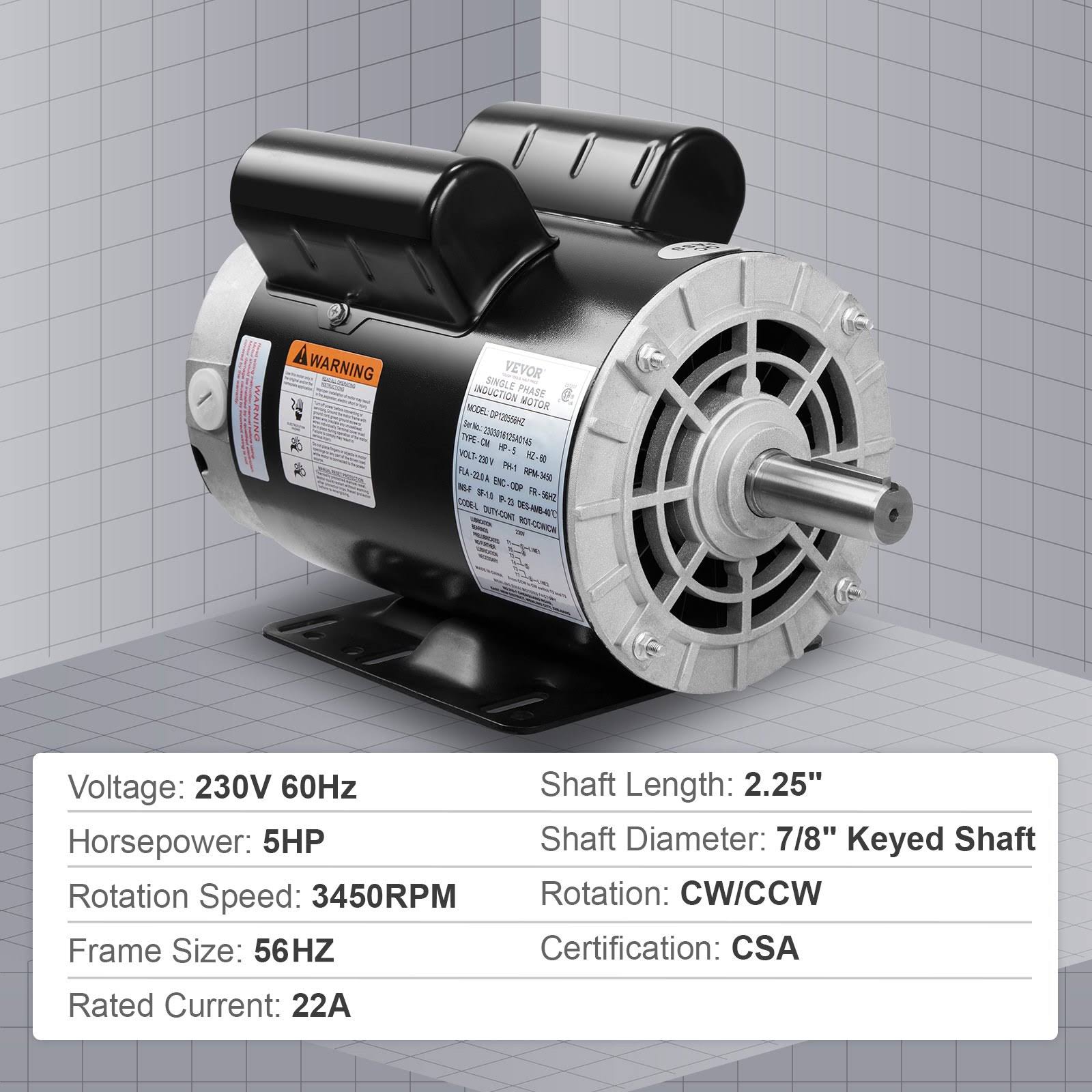 VEVOR DXKYJDJTODP5HWZ57V7 5HP Air Compressor Motor 3450 RPM Single Phase Electric Motor 7/8 in. Keyed Shaft 230V Fla 22A 56 Frame CW/CCW Rotation