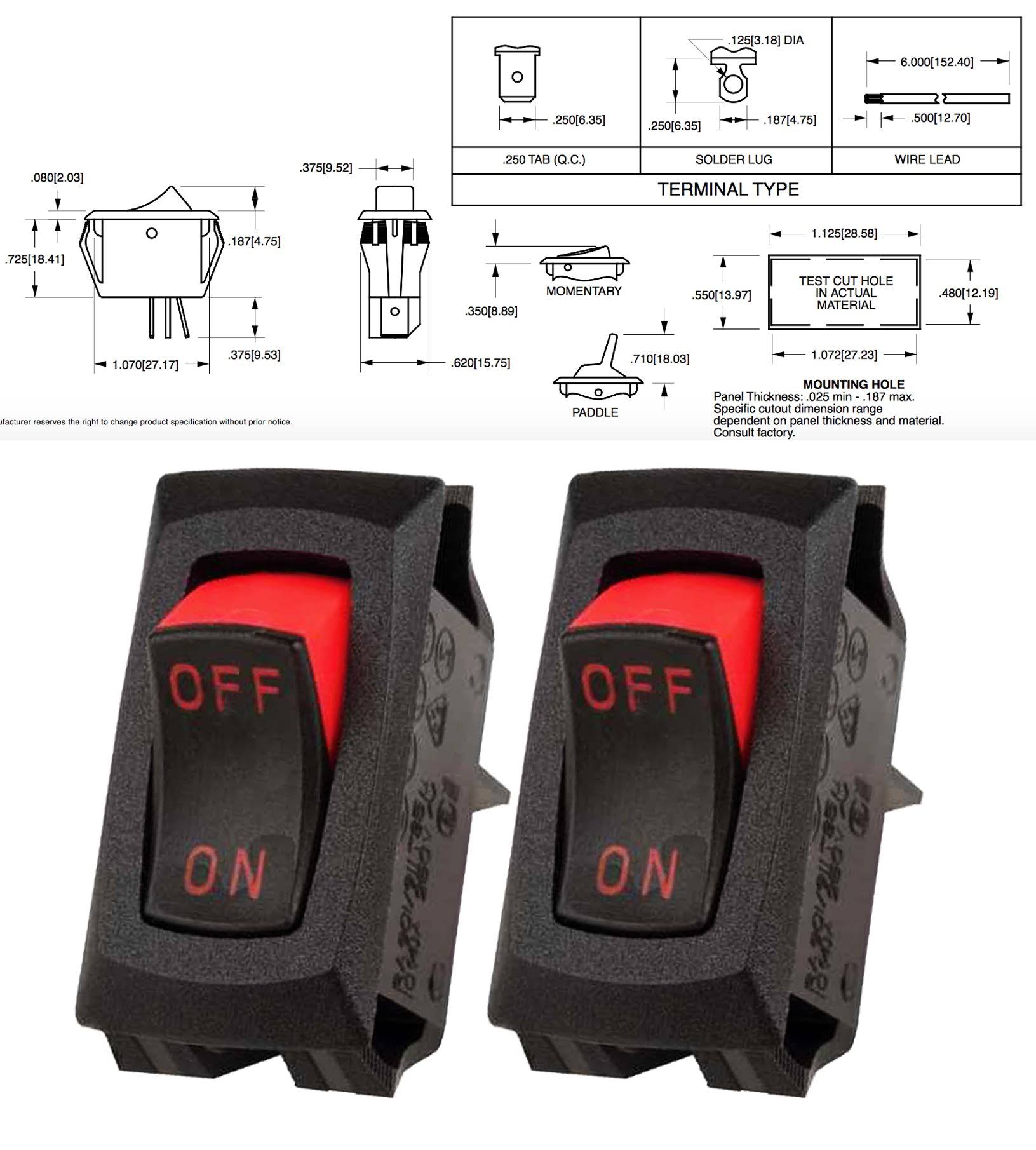Carling Technologies Switch Rocker RA911-VB-B-1-V (Pack of 2) Off None on SPST Quick Connect Curved Rocker 16A 2