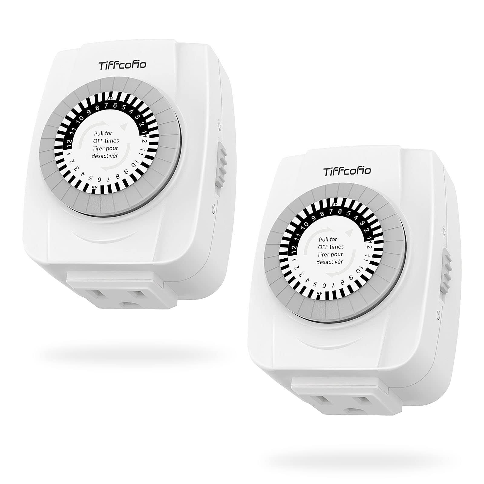 TiFFCOFiO Indoor Mechanical Outlet Timer 3 Prong Timers for Electrical Outlets 24-Hour Programmable Plug in Light Timer ETL Listed (2 Pack)