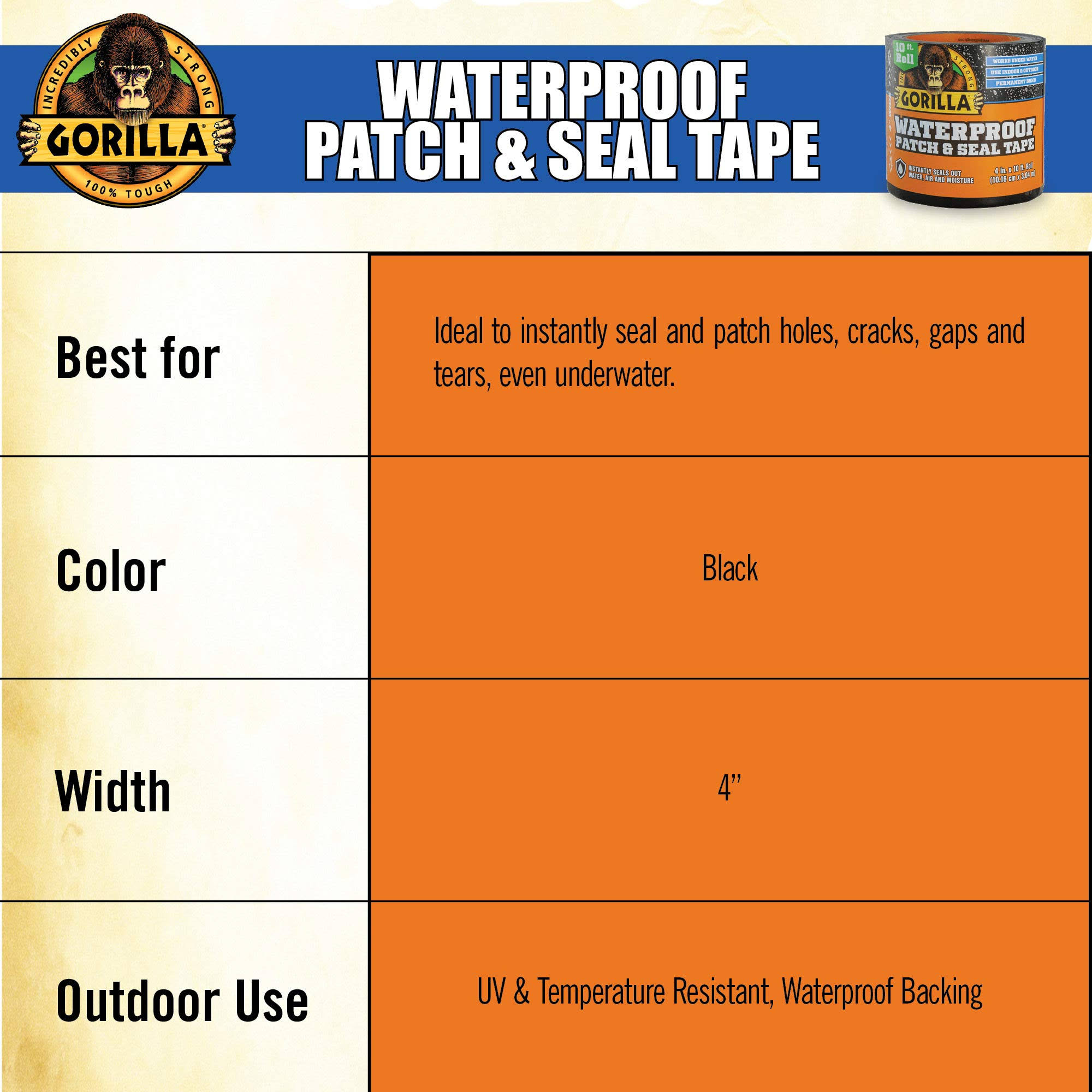 Gorilla 4 in x 10 ft Black Waterproof Patch & Seal Tape