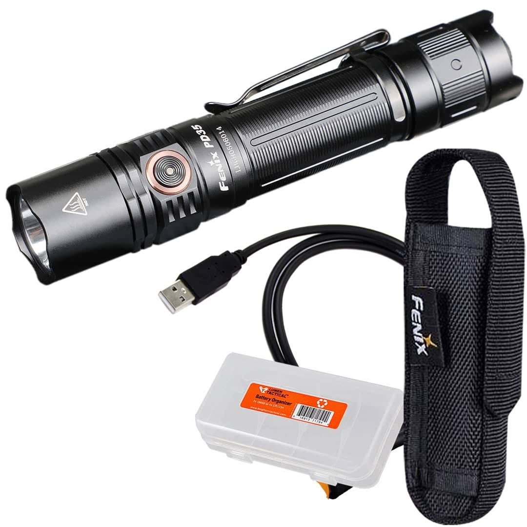 Fenix PD35 V3.0 Rechargeable Tactical Flashlight, 1700 Lumens EDC with Battery and LumenTac Organizer (Black)