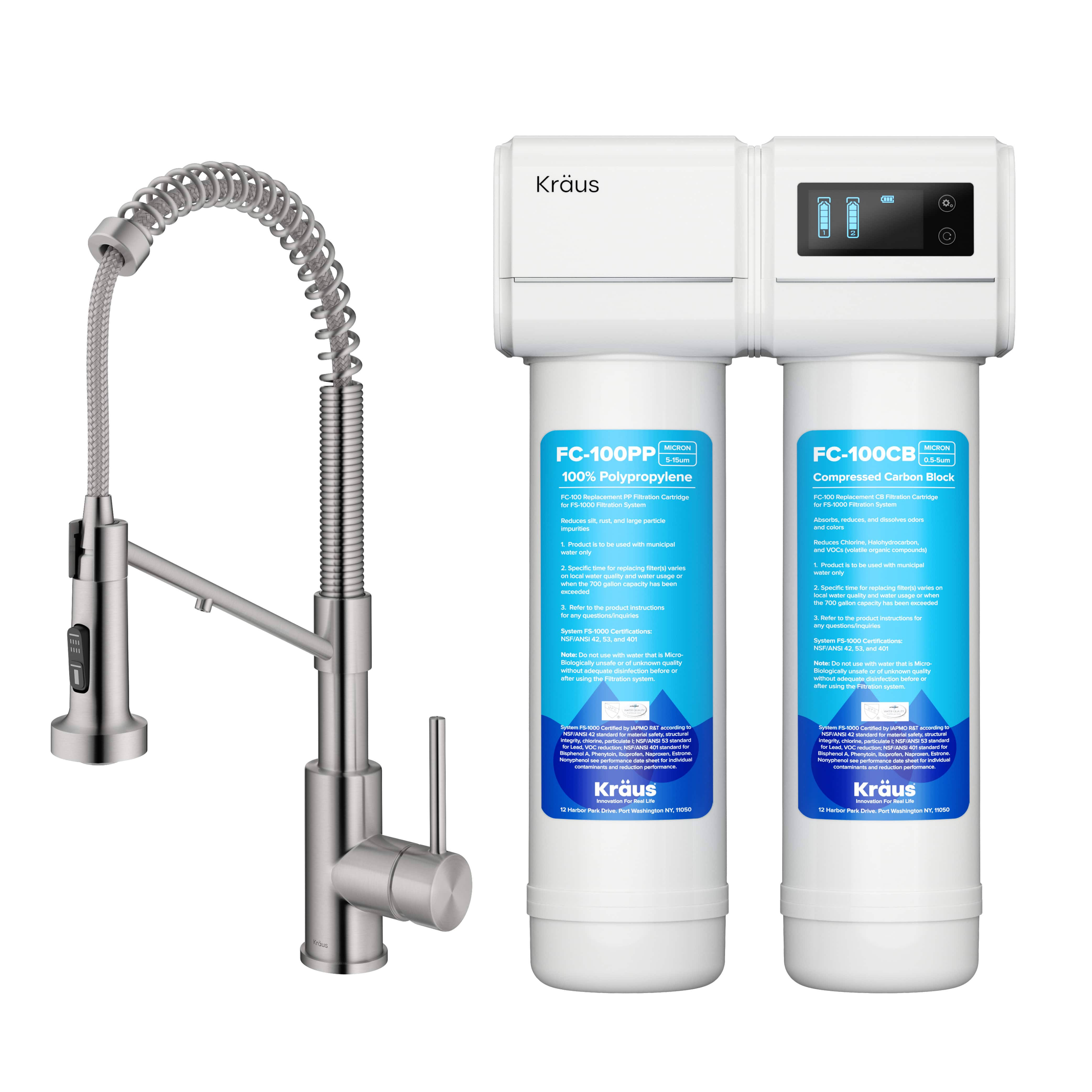 Kraus FS-1000-KFF-1610SFS Bolden 2-in-1 Commercial Style Pull-Down Single Handle Water Filter Kitchen Faucet with Purita 2-Stage Under-Sink Filtration