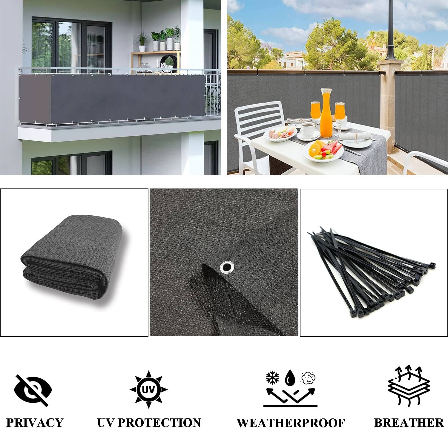 Love Story 3' x 16' Balcony Privacy Screen Fence Cover Mesh for Deck Patio Porch Railing, Charcoal, Gray