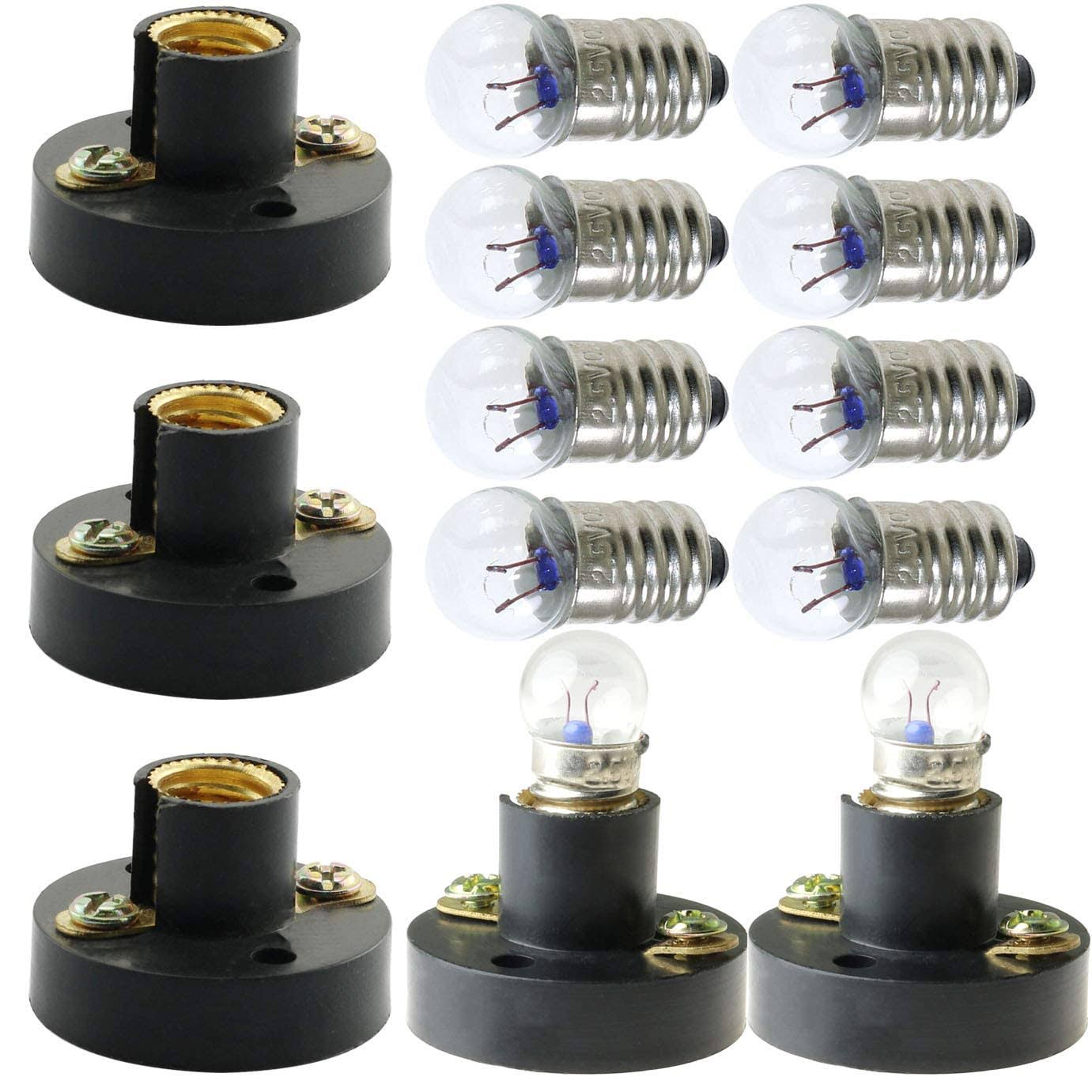 MEETOOT Set of 10pcs Screw Mini Bulb 2.5V and 5pcs E10 Mini Bulb Holder Black Plastic Pure Brass Lamp Bases Student Experiment Lighting DIY