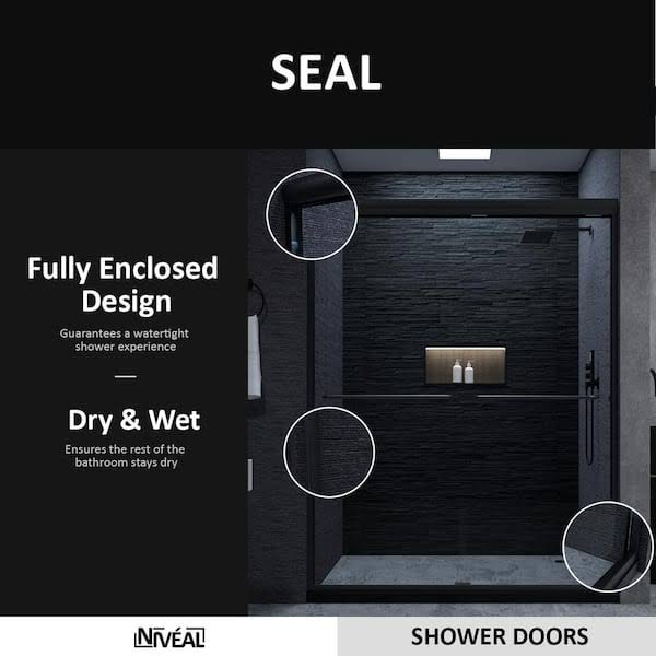 niveal Vale 60 in. W x 72 in. H Sliding Semi-Frameless Shower Door in Matte Black with Clear Glass