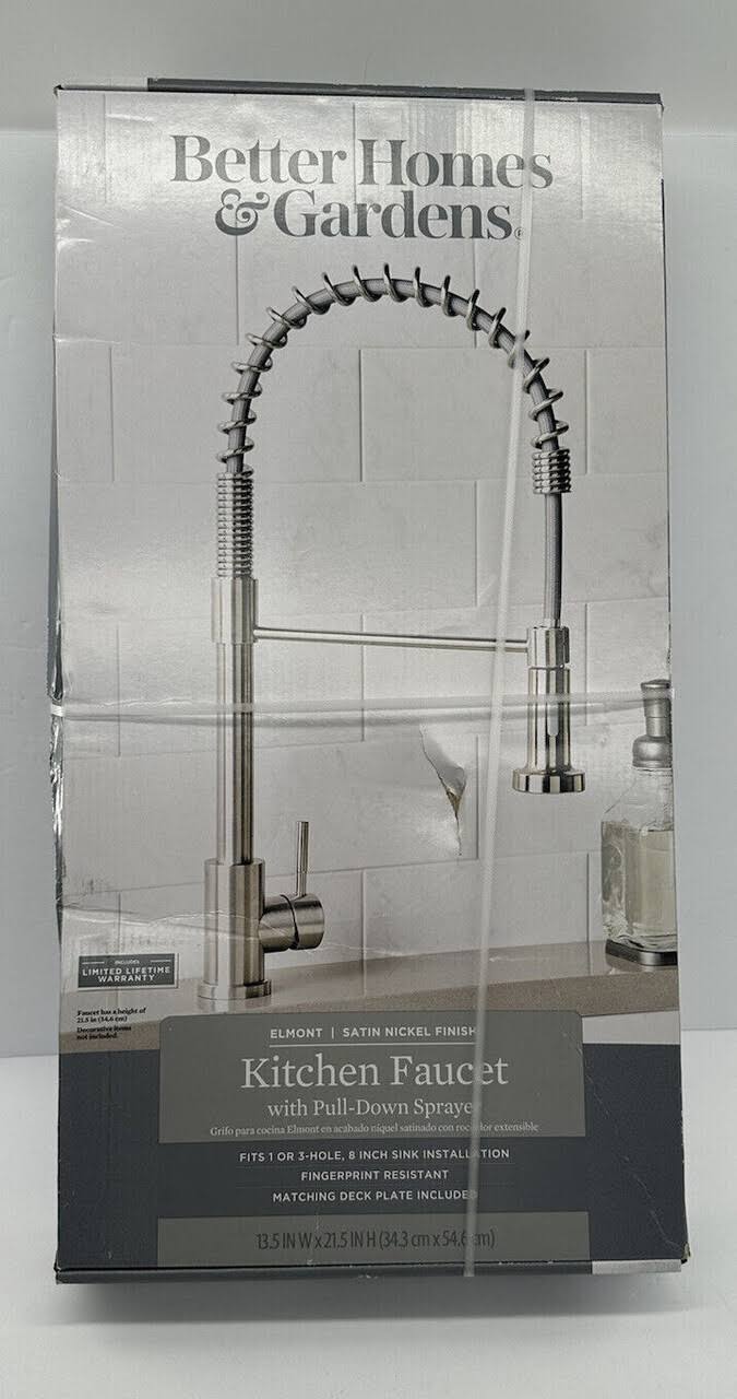 Better Homes & Gardens Elmont Single-Handle Spring Neck Pull Down Sprayer Kitchen Faucet, Satin Nickel, Silver