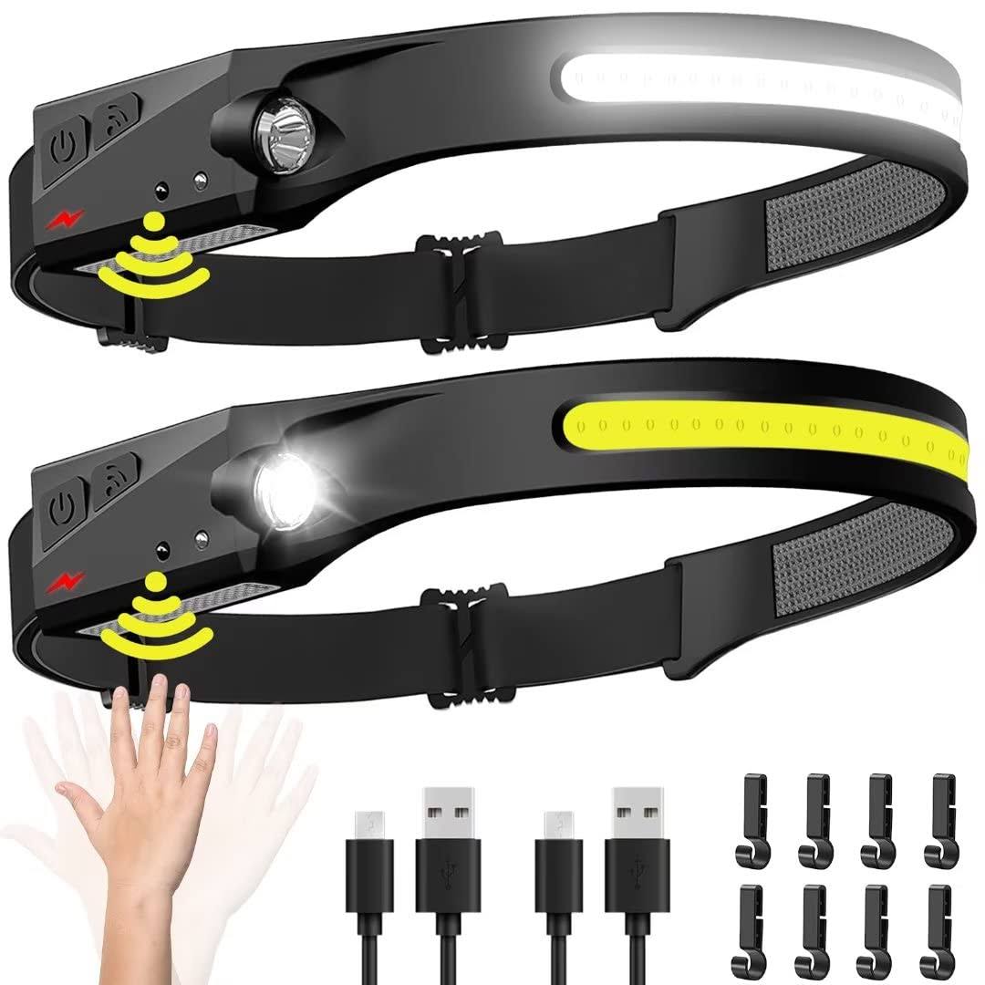 Biat Headlamp Rechargeable 2pcs, 230 Wide Beam Head Lamp LED with Motion Sensor for Adults- Camping Accessories Gear, Waterproof