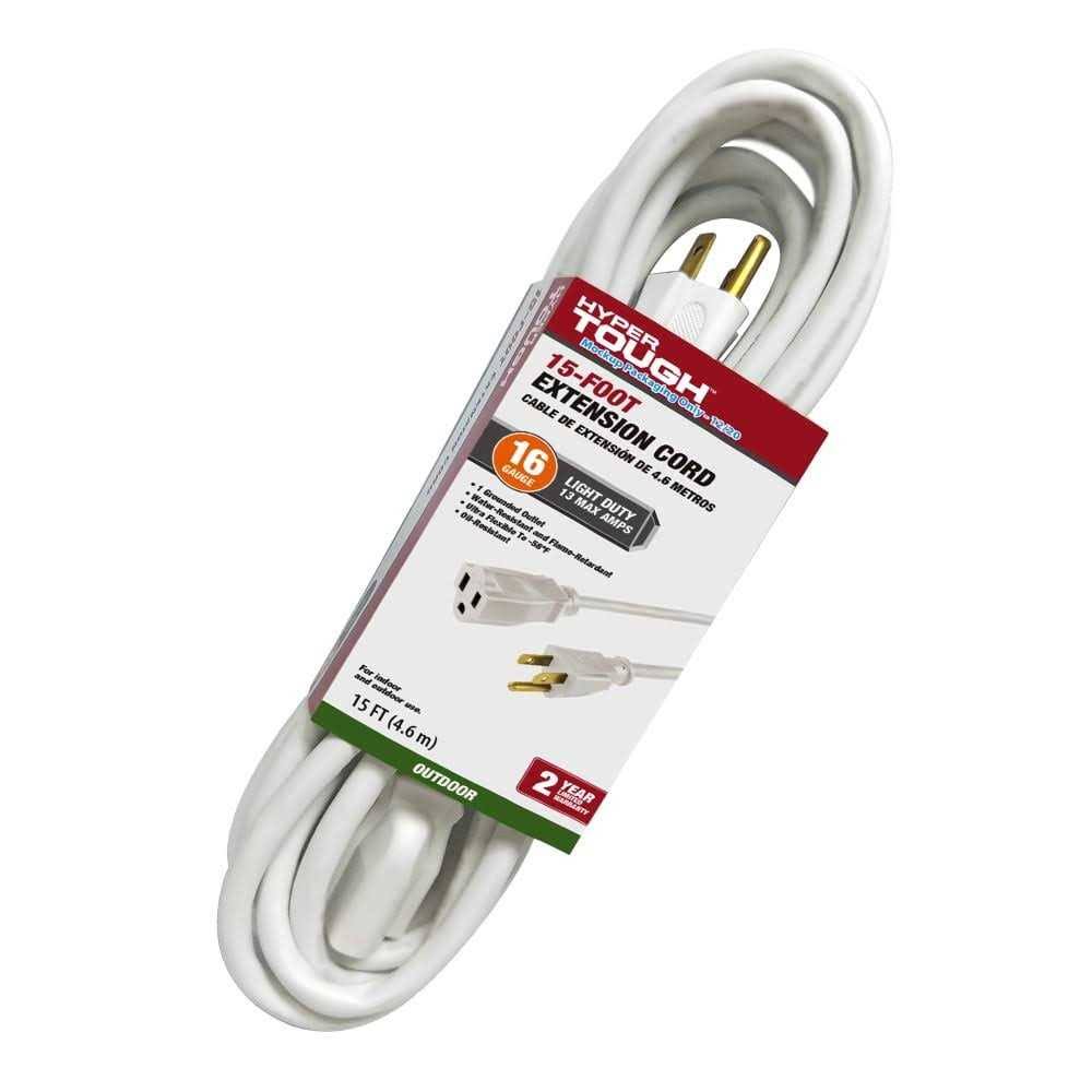 Hyper Tough 15ft 16AWG 3 Prong White Outdoor/Indoor Use Single Outlet Extension Cord