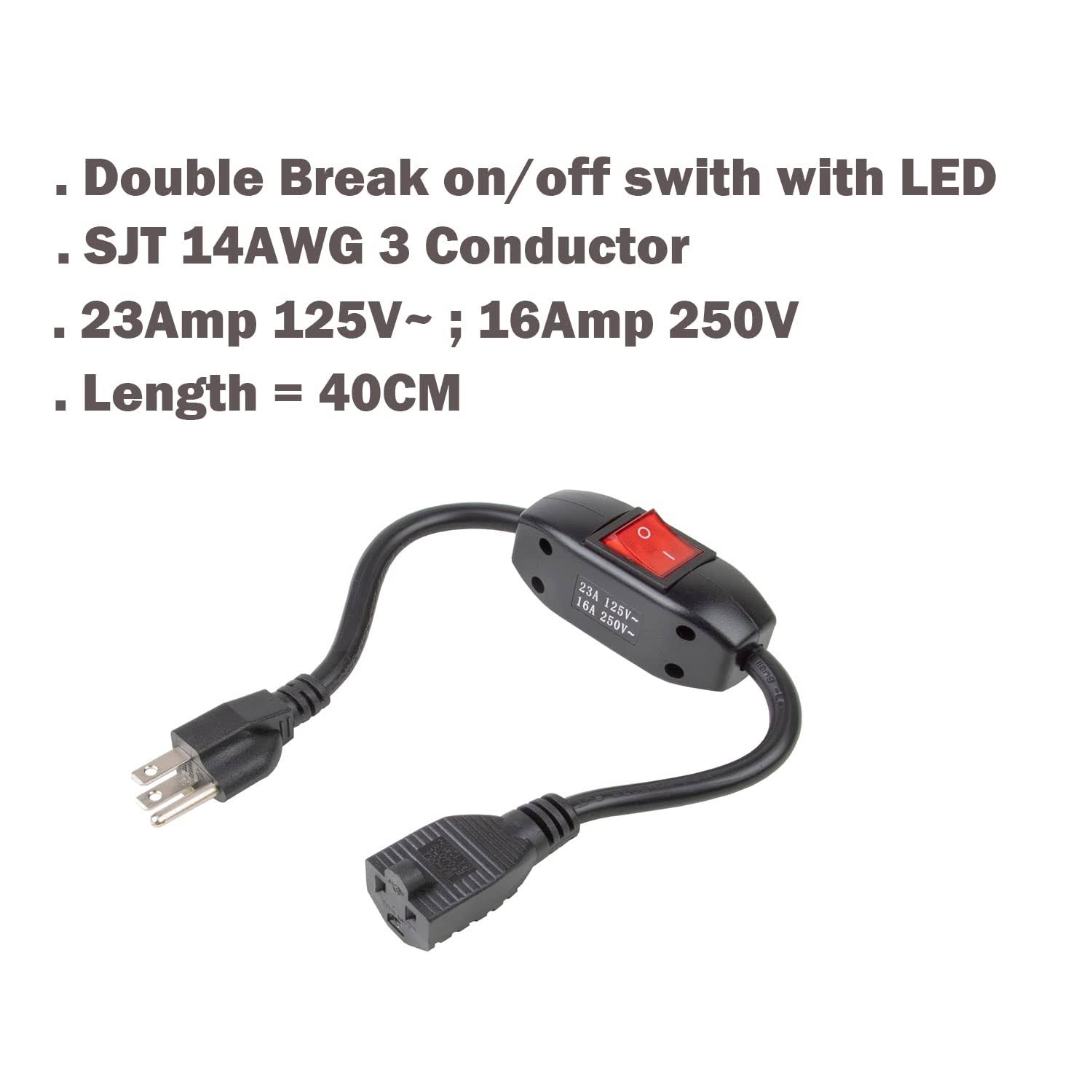 Plugrand Inline On/Off Switch Extension Cord 3-Prong 3 Outlet Household Switchable Power Cord Heavy Duty 23A 125v16a 250V Double Break Switch Extensio