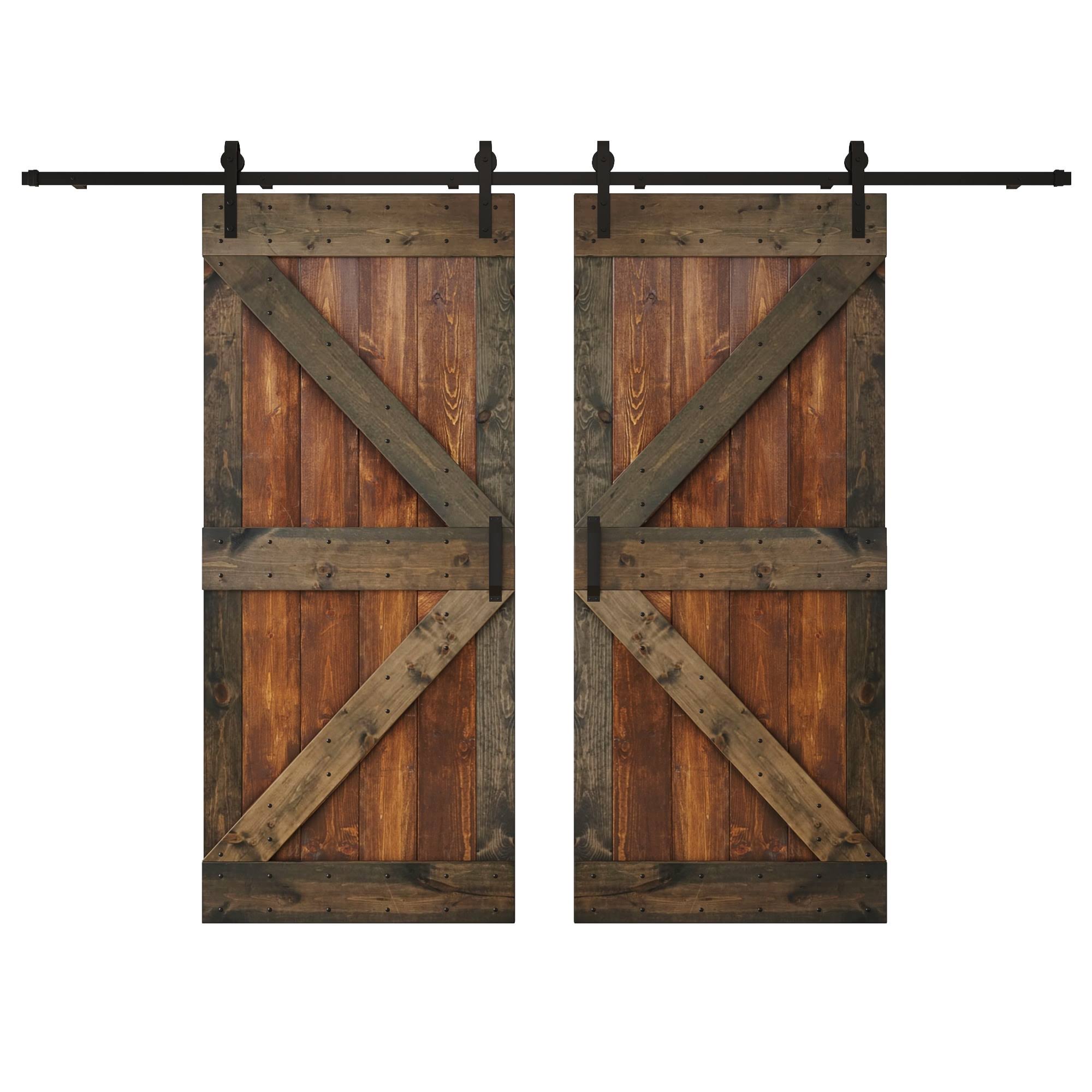 Coast Sequoia 72in x 84in K Series Multi-Color Pine Wood Double Sliding Barn Door with Hardware Kit- Dark Walnut/Aged Barrel